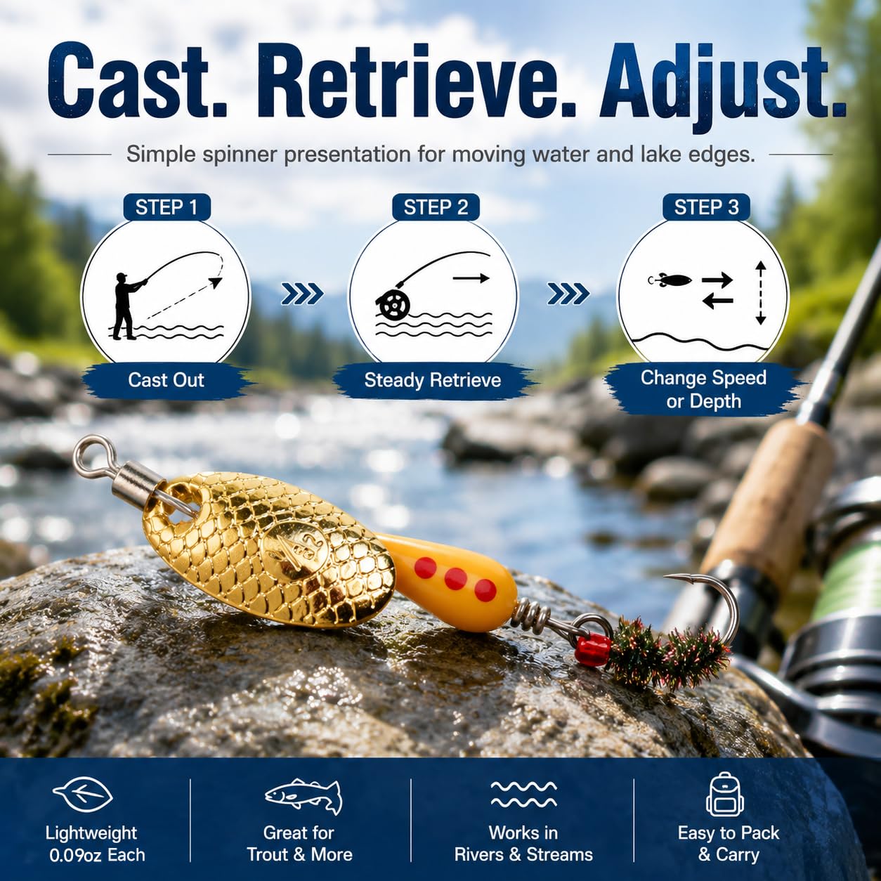 Zylaxio Trout Spinners, 5PCS Spinner Fly Fishing Lures, 1.96in Brass Inline Spinner Lures, 0.09oz Set for Trout Bass Salmon Pike, Creek Stream River Fishing