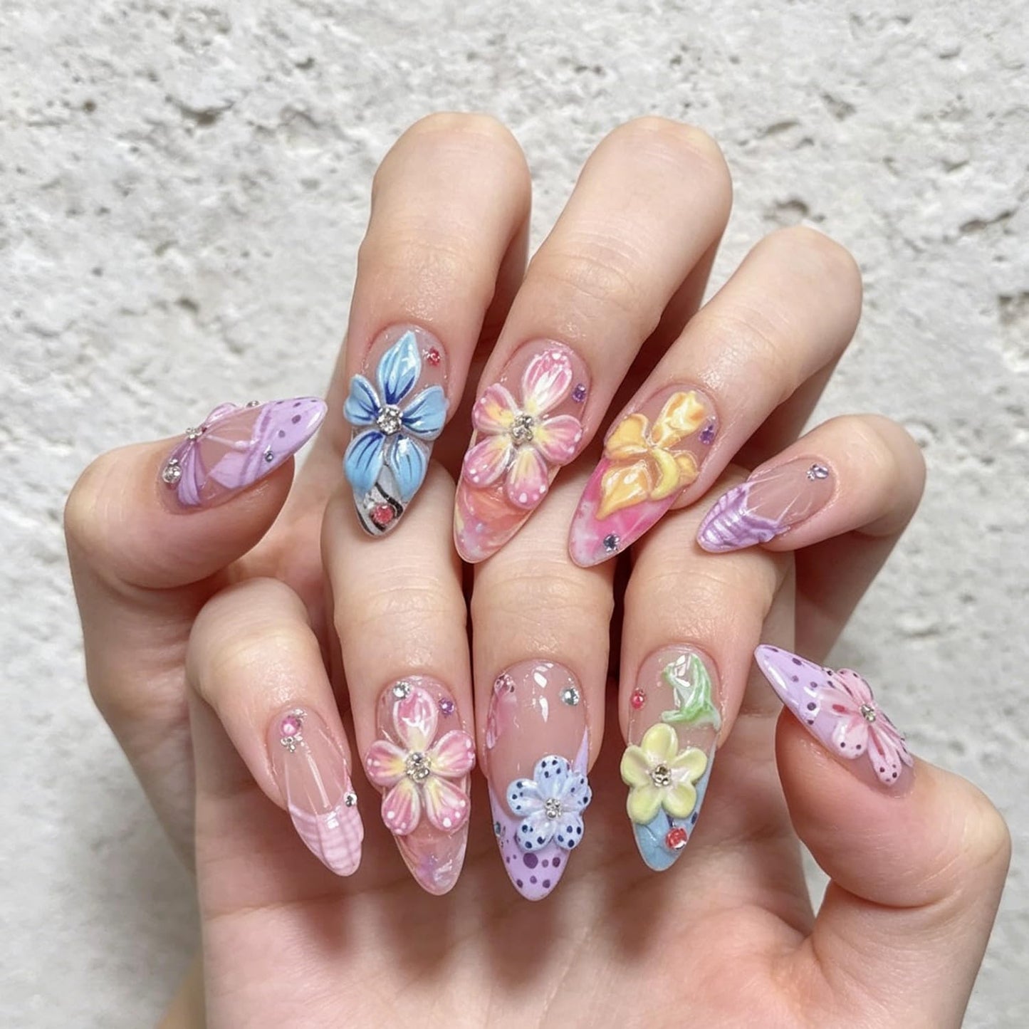 3D Flower Press on Nails, Medium Almond Shaped Colorful Floral Fake Nails with Rhinestone Designs,Cute False Nails with Glue Tabs Reusable Acrylic Stick on Nails for Summer Beach Vacation 30Pcs