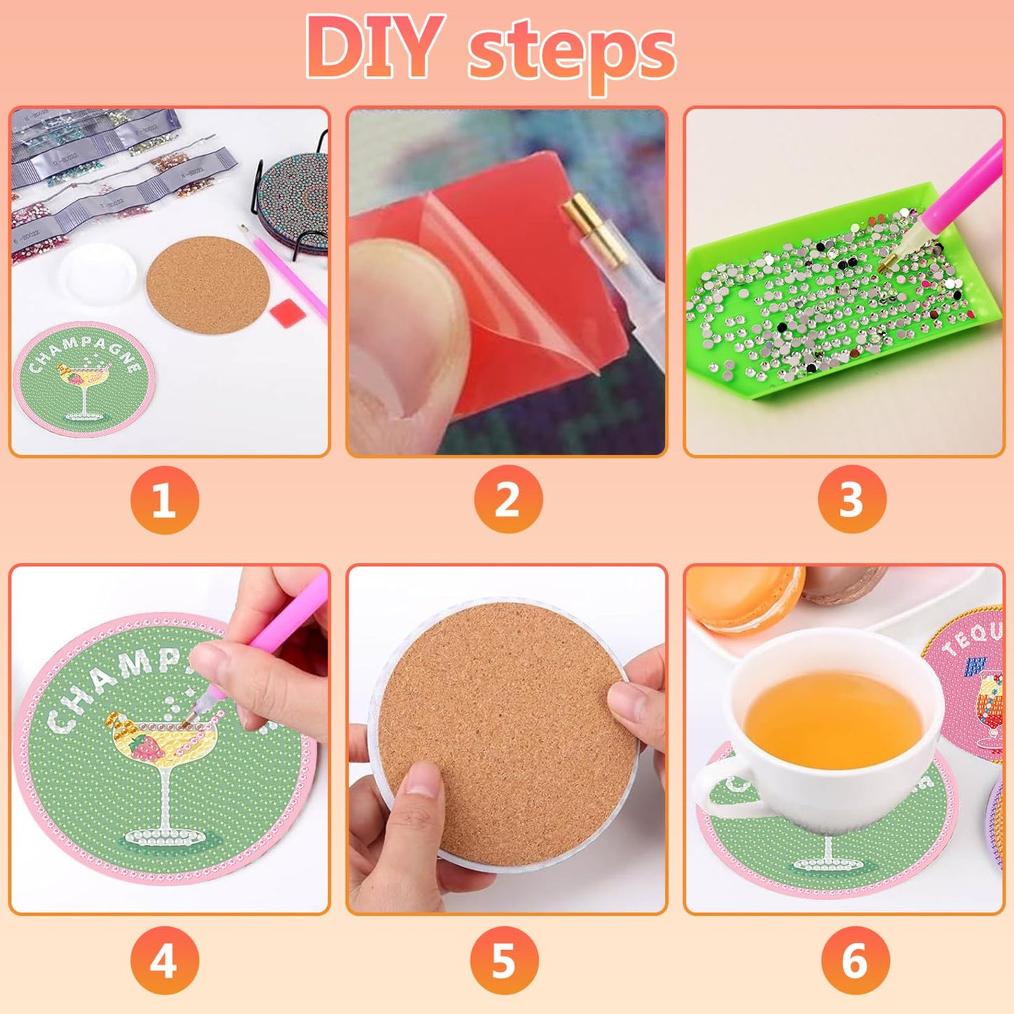 8 Pcs Cocktail Diamond Art Coasters Kit for Adults, Cocktail Diamond Painting Coasters with Holder, 5D Gem Art DIY Crafts Diamond Dots for Gift Life