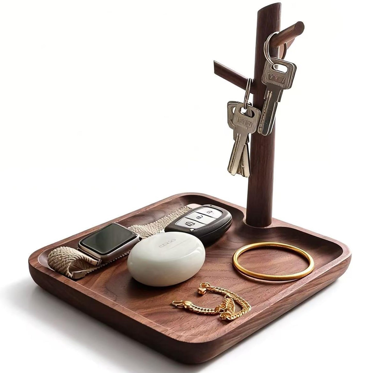 LIGNUMLOQU Solid Black Walnut Wooden Key Tray, Multi-Functional Key Bowl for Entryway Table, Key Holder Stand equipped with 3 Hooks, Wood Dish for Wallet,Watch,Mobile Phone and Jewelry Organizer