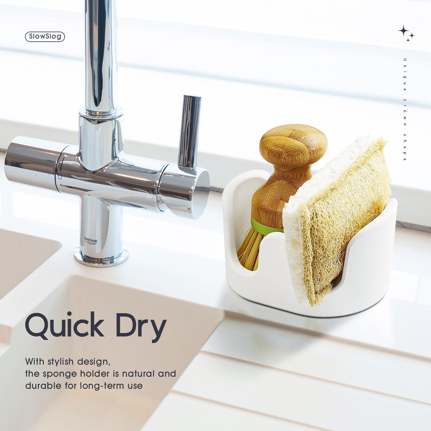 Slow Slog 2 Pack Double Sponge Holder, Diatomite Stone Absorbent Sponge Stand for Kitchen Sink - Quick Dry Organizer for Kitchen Countertop, White
