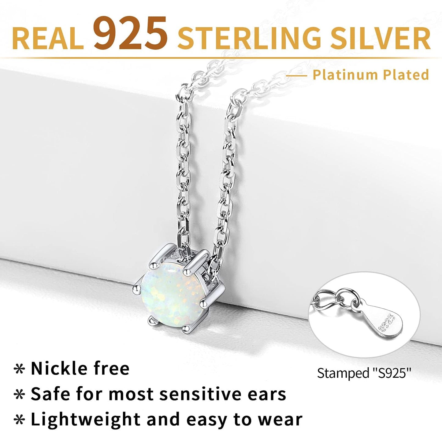 ChicSilver Created Opal Necklace 925 Sterling Silver Round Cut Gemstone Solitaire Pendant Necklace October Birthstone Jewelry for Women