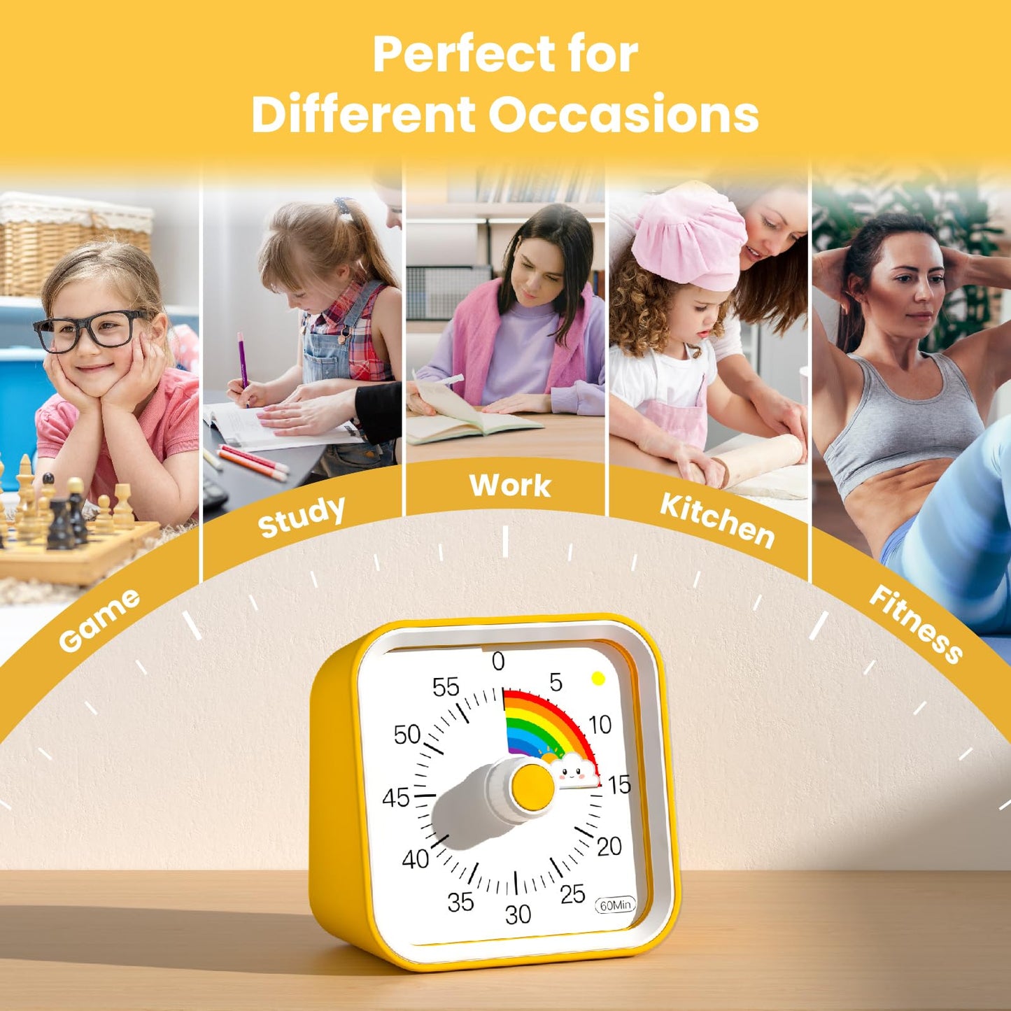 InfPokid Visual Timer for Kids with Pause Function, Cute Silent Timer with Rainbow for Classroom, Teaching, Task, Kitchen, 60 Minute Countdown Time Management for ADHD (Rainbow Yellow)