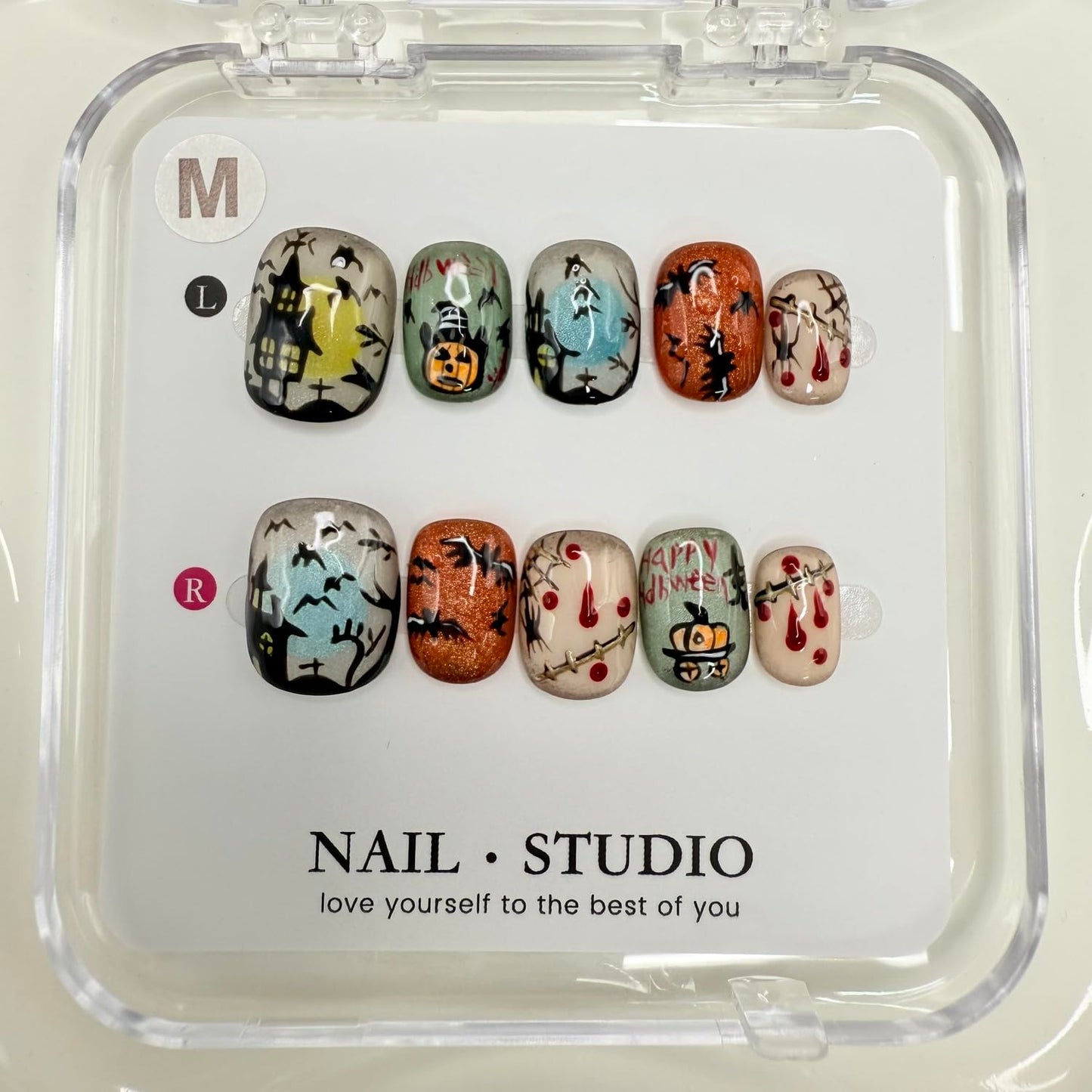 Halloween Press on Nails Short Square Handmade Press on Nails Bat Pumpkin Spider Web Designs Glitter False Nails Full Cover Artificial Cute Acrylic Nail for Women (Size M)