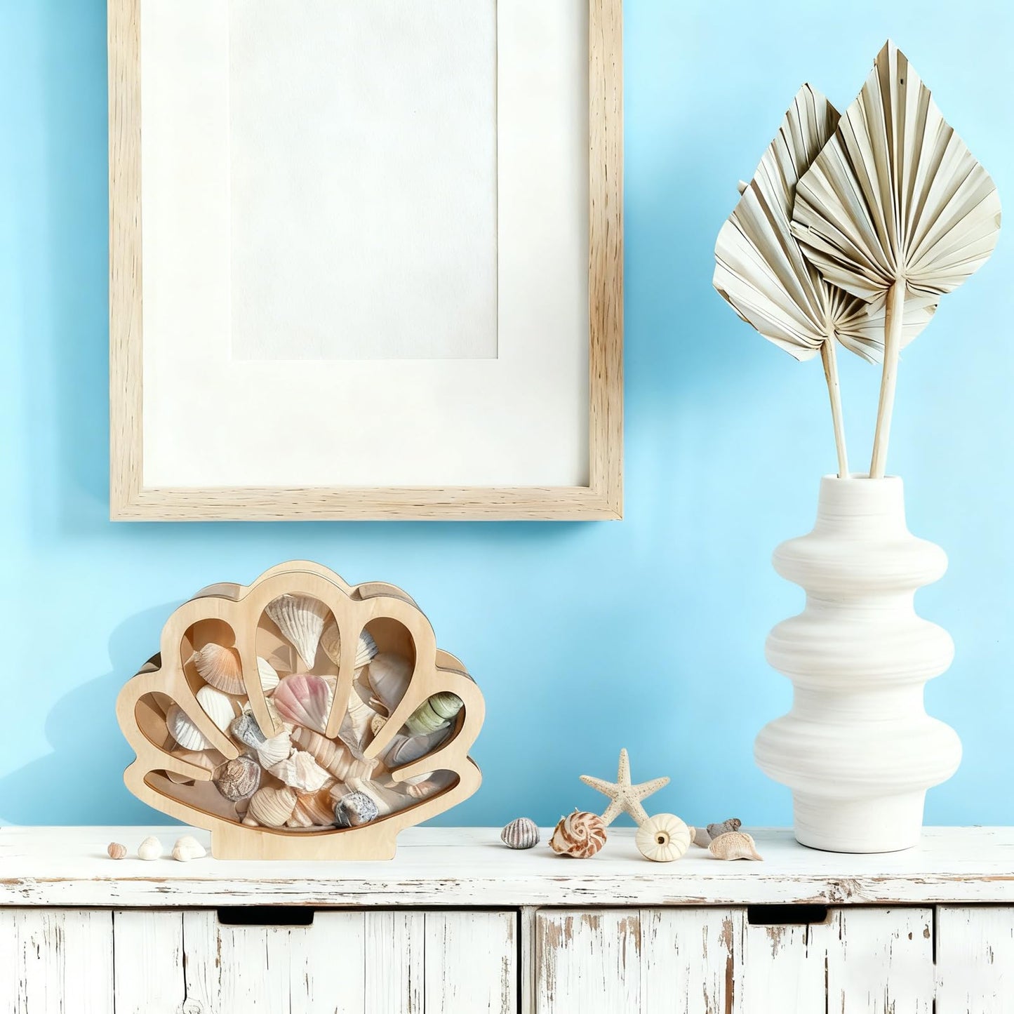 SEP SHIZHI Wooden Seashell Display Case with Acrylic Window, Sea Shell Holder, Sea Glass Shark Tooth Starfish Storage Collection Shadow Box, Memory Keepsake Box, Coastal Home and Room Decor