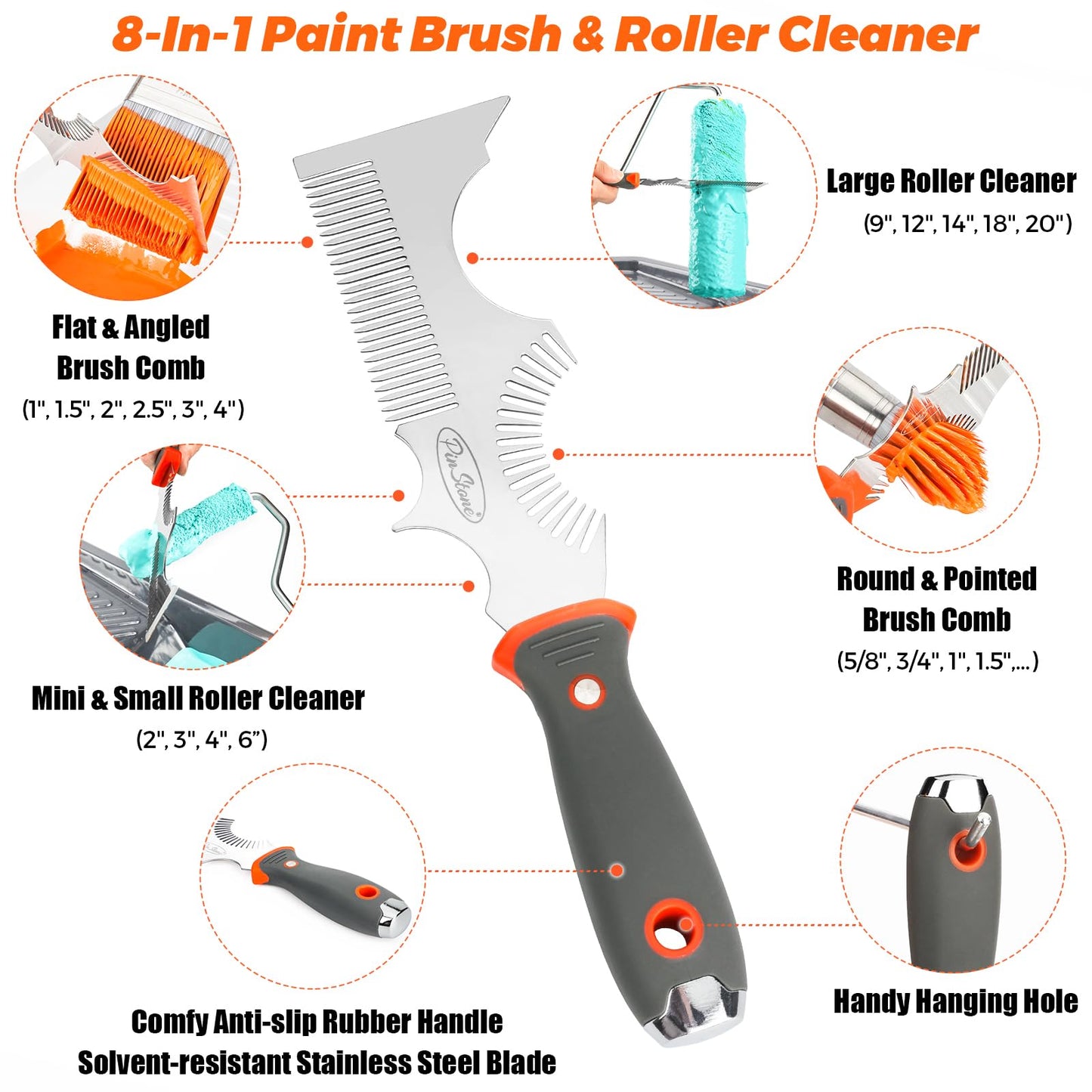PinStone Paint Brush and Roller Cleaner Tool - Paint Brush Comb, Paint Roller Cleaner, Solvent-Resistant Stainless Steel Blade, Easy Grip Rubber Handle, Putty Knife Scraper, 8-in-1 Painters Tool