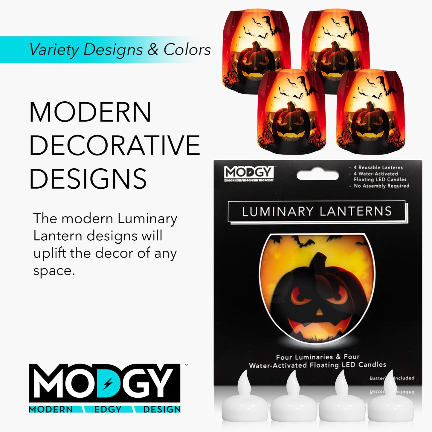 MODGY Luminary Lanterns, Halloween Candle Holders with Flameless Floating LED Candles, Indoor Outdoor Decor for Parties, Home, Windows, and Mantels, Table Centerpiece, 4-Pack, Jacko