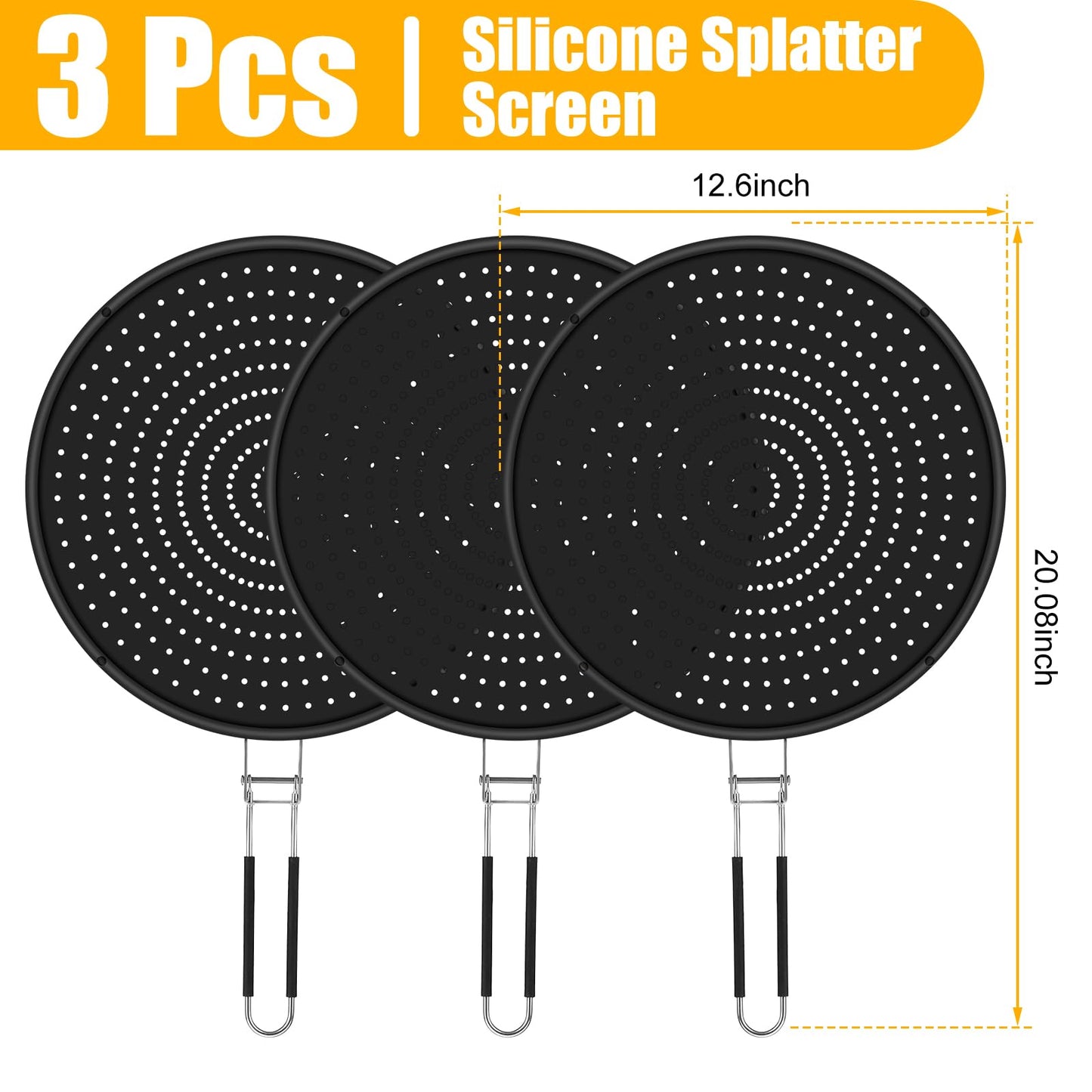 Tioncy 3 Pcs Silicone Splatter Screen for Frying Pan Grease Oil Splatter Collapsible Splash Guard Heat Resistant Multi Use for Baking and Cooking(Black)