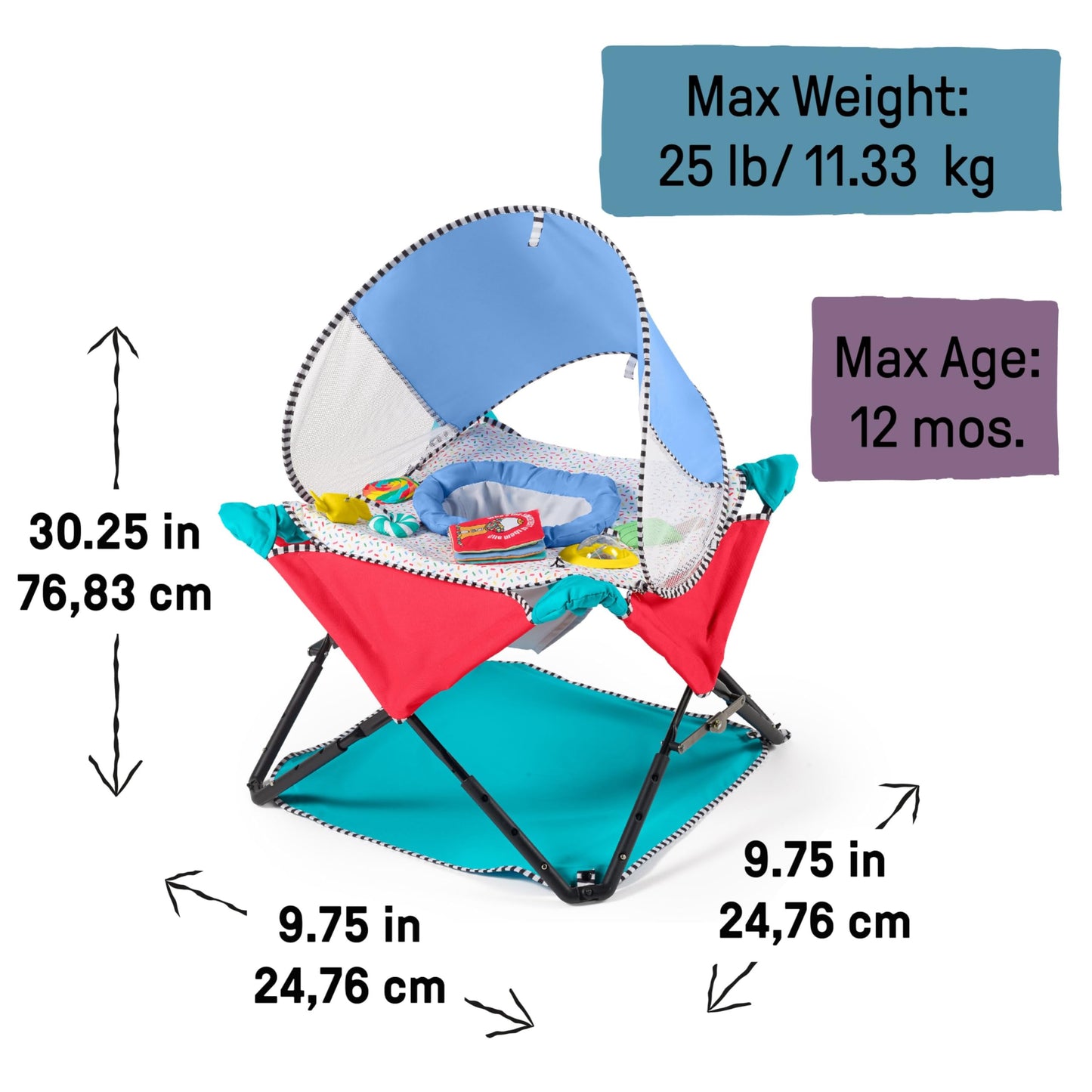 Bright Starts, Pop 'N Jump Portable Baby Activity Center, Indoor Outdoor Use, Lightweight, Carrying Bag, Canopy, 6-12 Months (Animals)