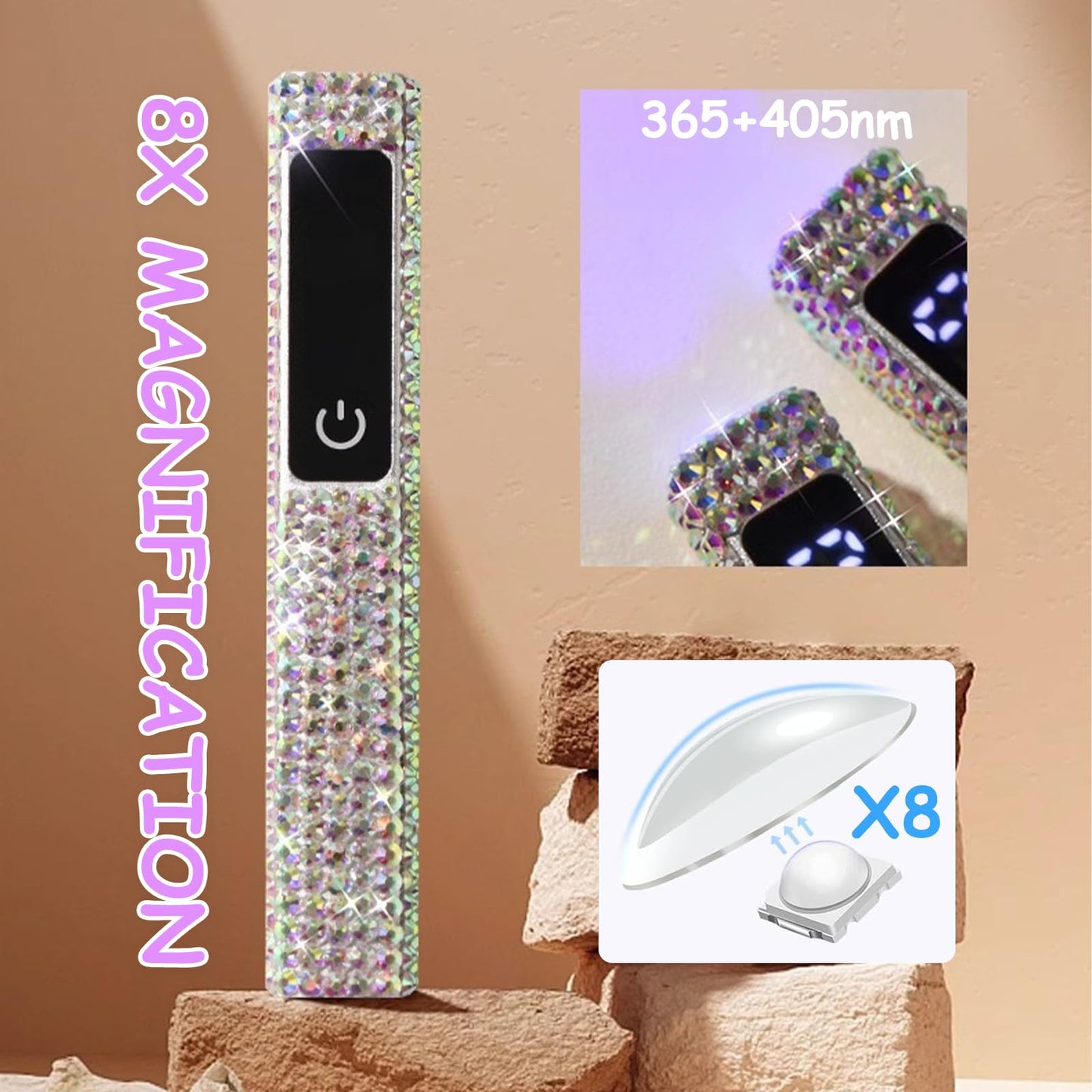 HEVOY Crystal Rhinestone UV Nail Lamp, Artificial Bling Handheld UV Light for Nails, Portable Mini Nail Light with 2 Timer and LED Display, Rechargeable USB Nail Dryer for Fast Curing Gel Polish