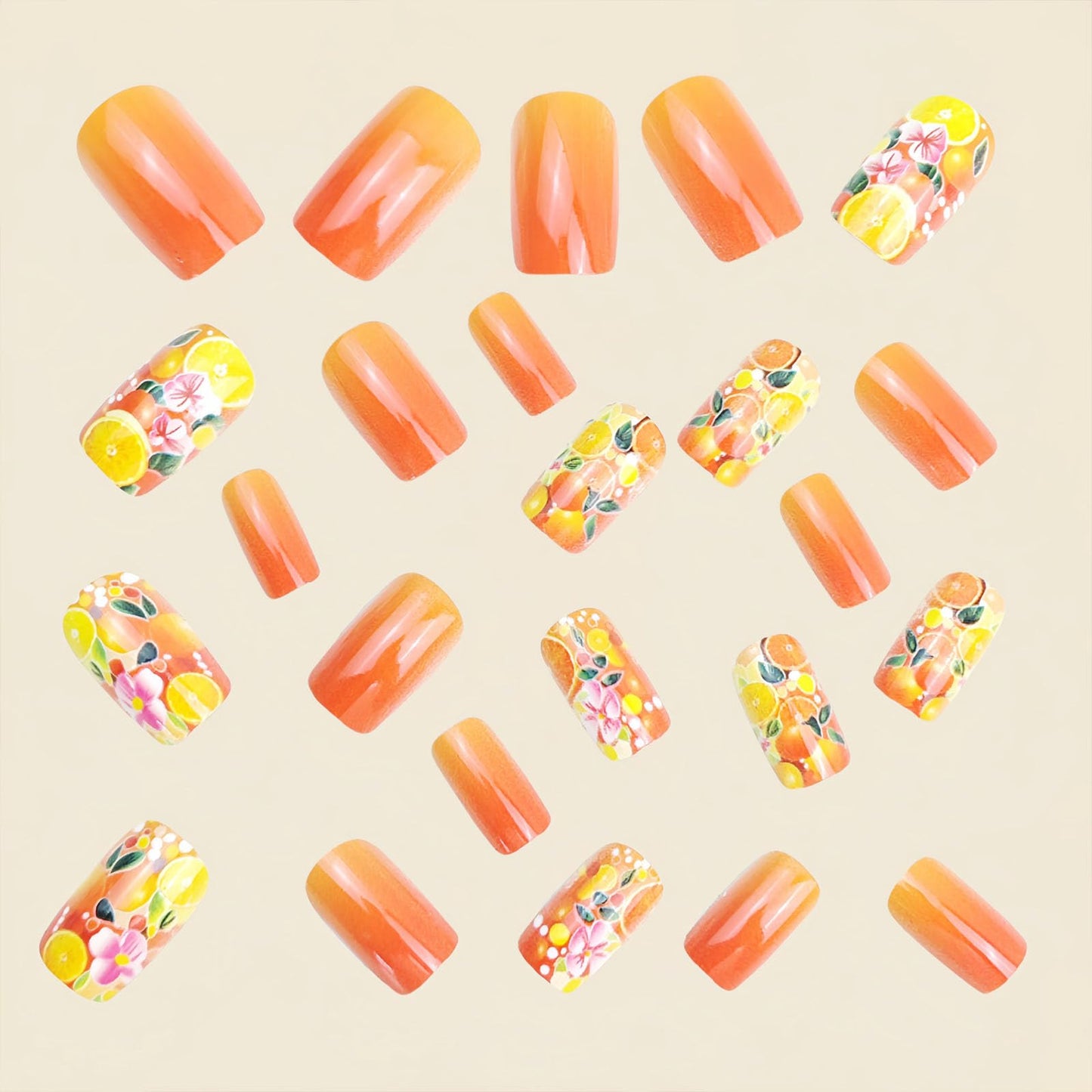 Medium Press on Nails Square Fake Nails with Pink Flower Green Leaves Designs Glossy Nails Press ons Orange Full Cover Glue on Nails Cute Acrylic Nails Artificial Stick on Nails for Women 24Pcs