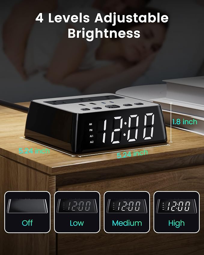 JACKYLED Alarm Clock with 4 USB Chargers, Power Strip 3 Outlets, 1700J