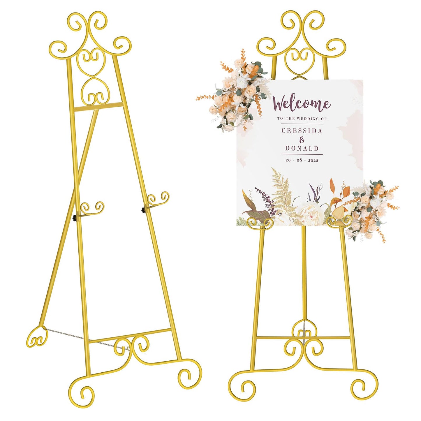 Skcoipsra 59IN Gold Easel Stand for Sign, 3 Tier Adjustable Larger Wedding Welcome Sign Holder, Art Poster Display Stand Free Standing with Chain