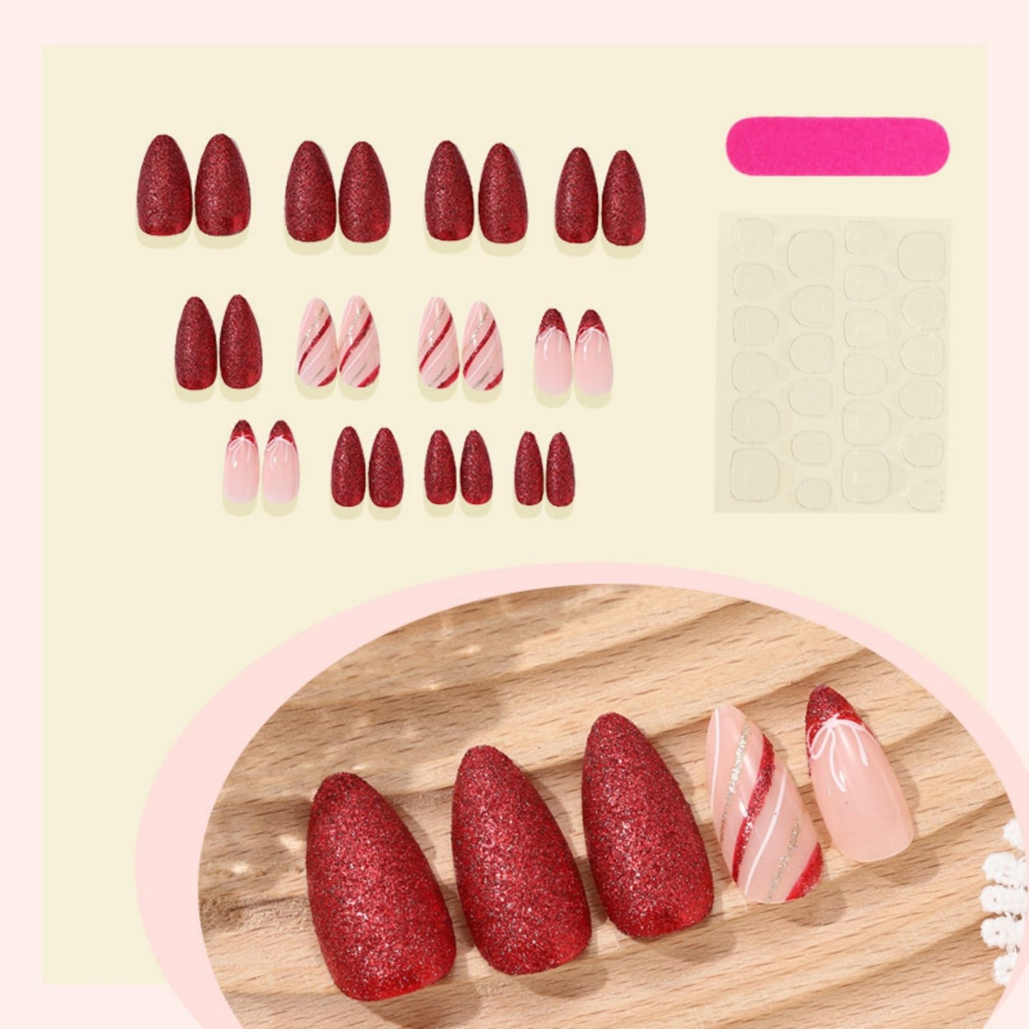 octoswave Valentine Press on Nails Almond Fake Nails Medium Artificial Nail Red Stick on Nail for Women 24pcs
