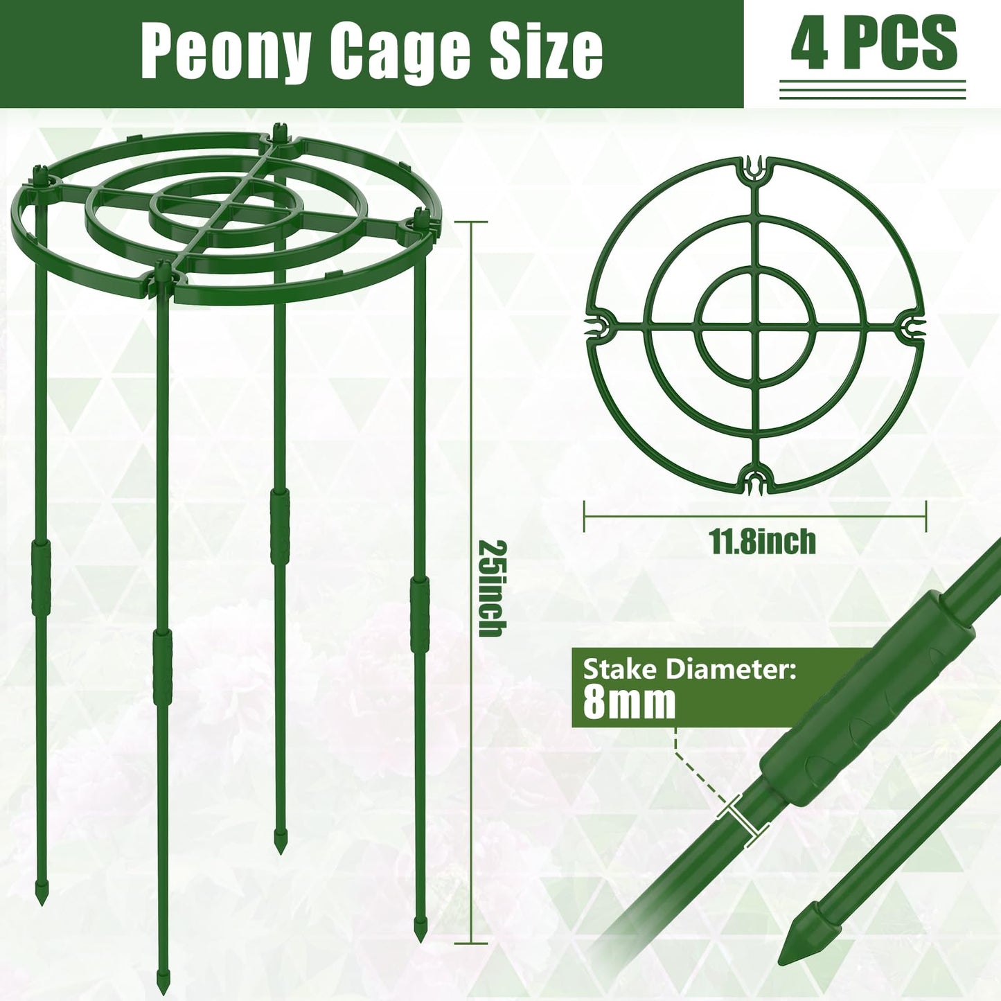 4 Pack Peony Cages and Supports, 11.8" D x 25" H Plant Supports for Outdoor Plants, Peony Support Cage Flower Support Rings, Plant Support Ring for Rose Tomato Hydrangea Strawberry