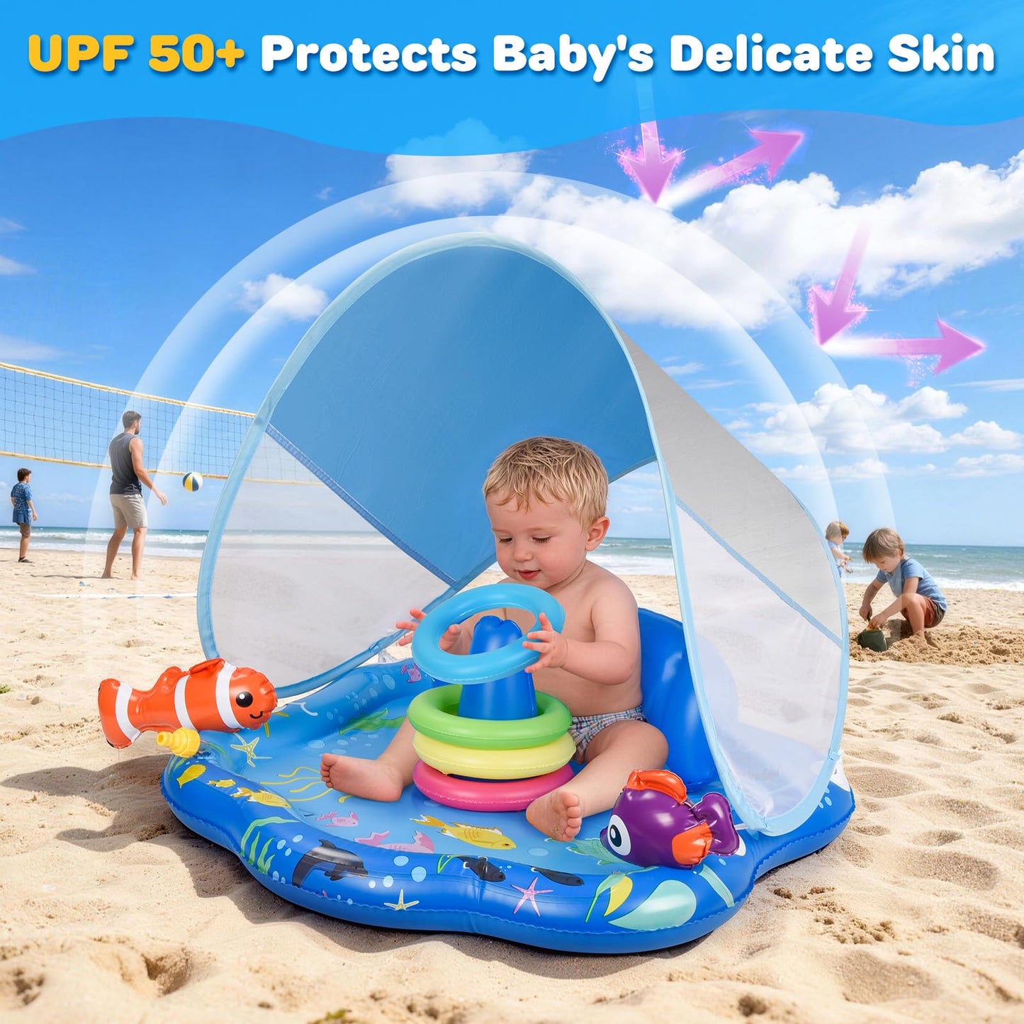 Baby Pool Float with Sprinkler, Inflatable Baby Splash Pad with Stackable Rings Game, Baby Splash Mat with Canopy & Backrest for Toddlers Garden, Beach, Backyard and Bathroom (Blue)
