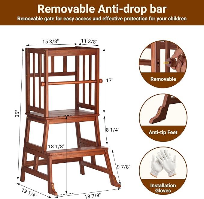 COSYLAND Kids Kitchen Step Stool, Toddler Standing Tower with CPC Certification, Removable Anti-Drop Railing Safety Rail Enjoys Unique Patented Design A Anti-tip Stable Structure 1.5-3 Years Brown
