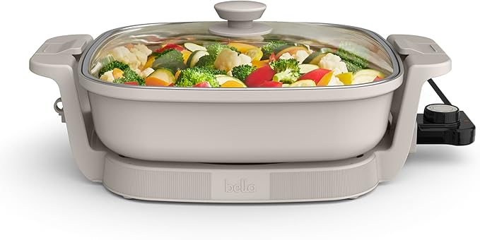 bella Make & Take Electric Skillet, Fits-anywhere™ kitchenware, EverGood™ Ceramic Coating, Adjustable Temperature & Dishwasher-Safe Tempered Glass Lid, Cast Aluminum Base, 1200 Watt, Oatmilk