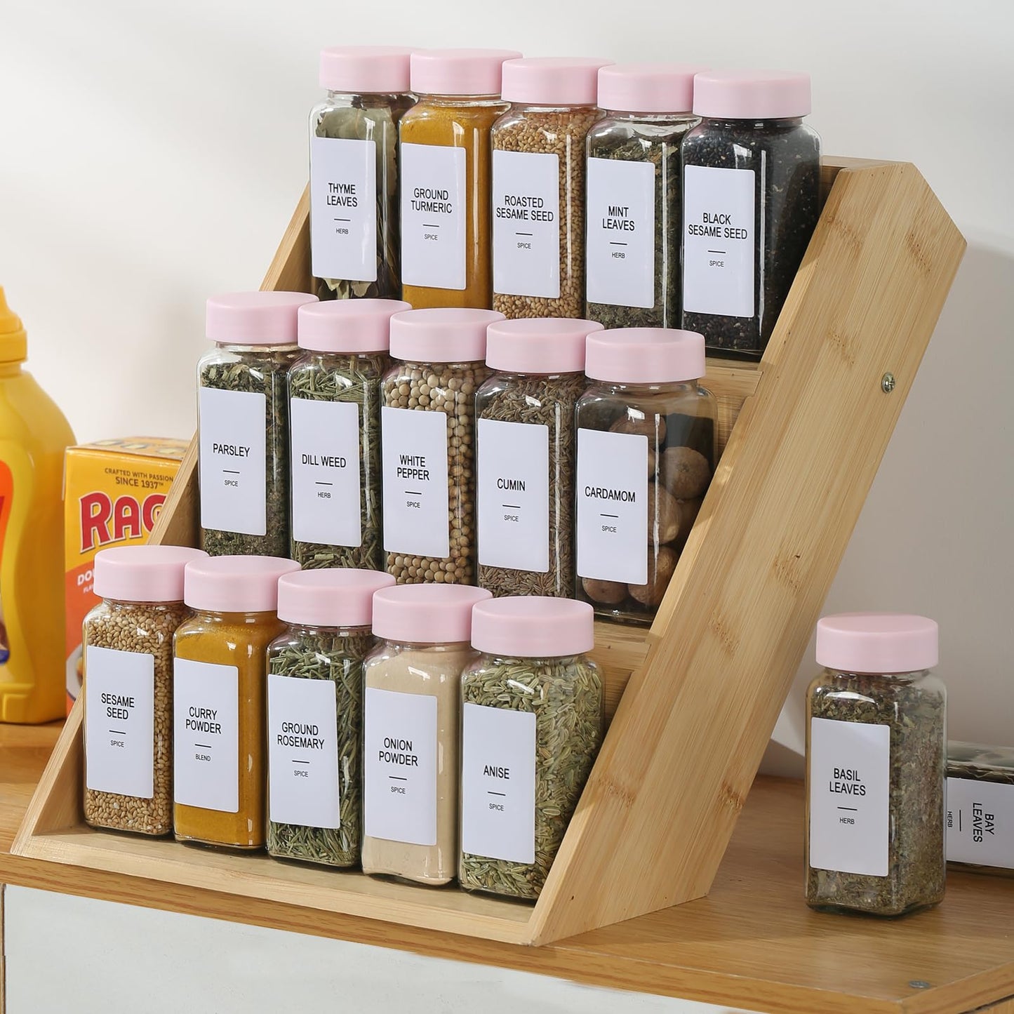 GMAMXD 24 Glass Spice Jars with Labels, Spice Jar Set, 4oz Seasoning Containers, Spice Containers with Pink Airtight Lids and Shaker Lids, Square Empty Spice Bottles, 492 Labels, 1 Funnel