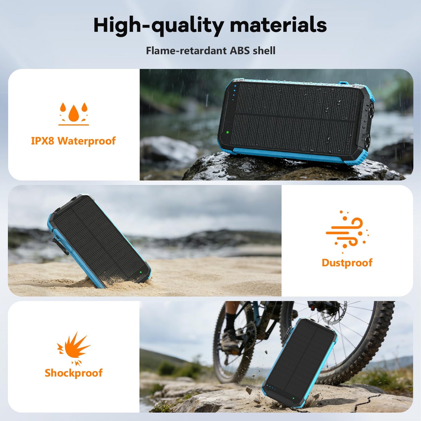 ERRBBIC Solar Charger Power Bank 20000mAh, Portable Wireless Charger, 15W Fast Charging External Battery Pack with Dual Flashlight and USB C Outputs, Outdoor Mobile Power Compatible with Cell Phones
