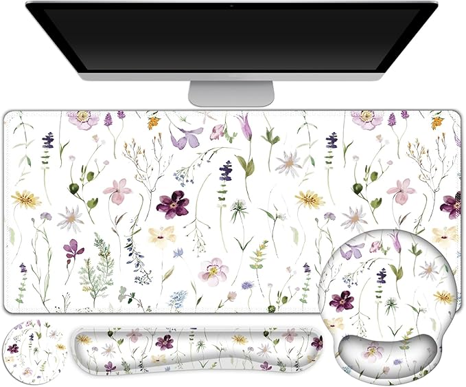 Gaming Mouse Pad, Large Desk Mat, Cute Desk Pad Protector, 4in1 XXL Mousepad + Keyboard Wrist Rest+Mouse Wrist Rest+Coaster Set with Ergonomic Desk Pad for Home Office Computer, Purple Flower Plants