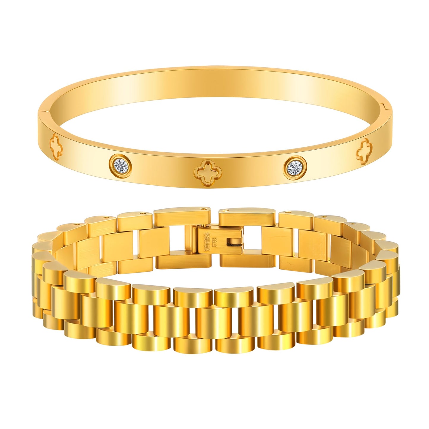 2PCS Gold Chain Link Watch Bracelet Set,18K Gold Plated Stackable Bracelets for Women,Stainless Steel Jewelry with Adjustable Tool, Non-Tarnish Friendship Love Bracelet Gift for Her. (2pcs-C Gold)