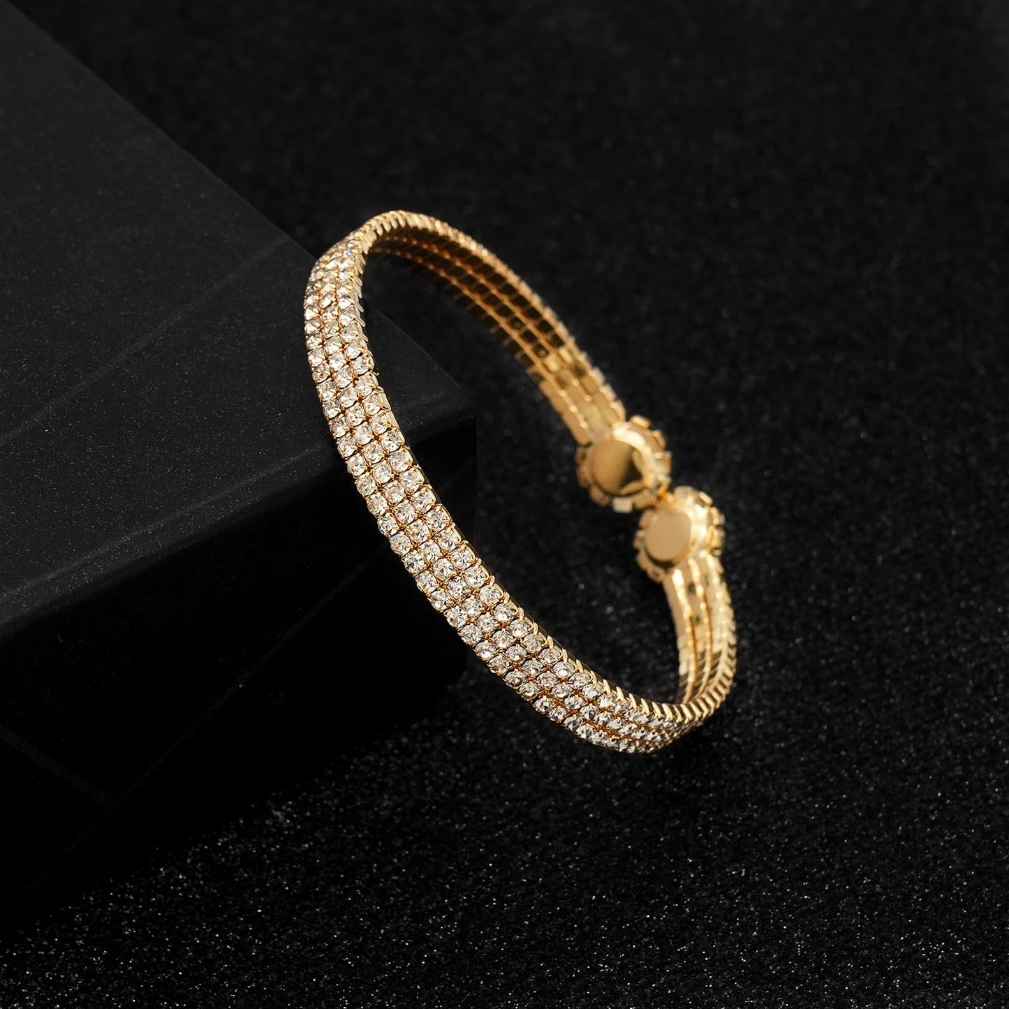 Tidefire Rhinestone Tennis Cuff Bracelet for Women Crystal Bridal Bangle for Prom Wedding Party Dating (1213 Gold)
