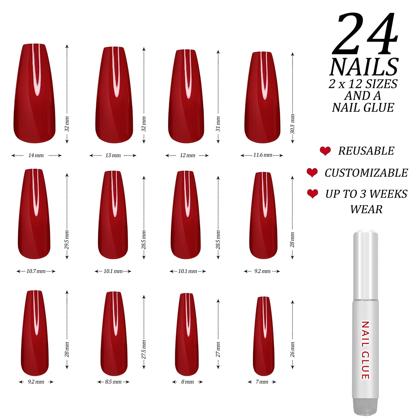 Hypnaughty 24 Pcs Passion Red Gloss Extra Long Press On Nails and Glue XL Reusable Solid Color Crimson Red False Nails (Passion)