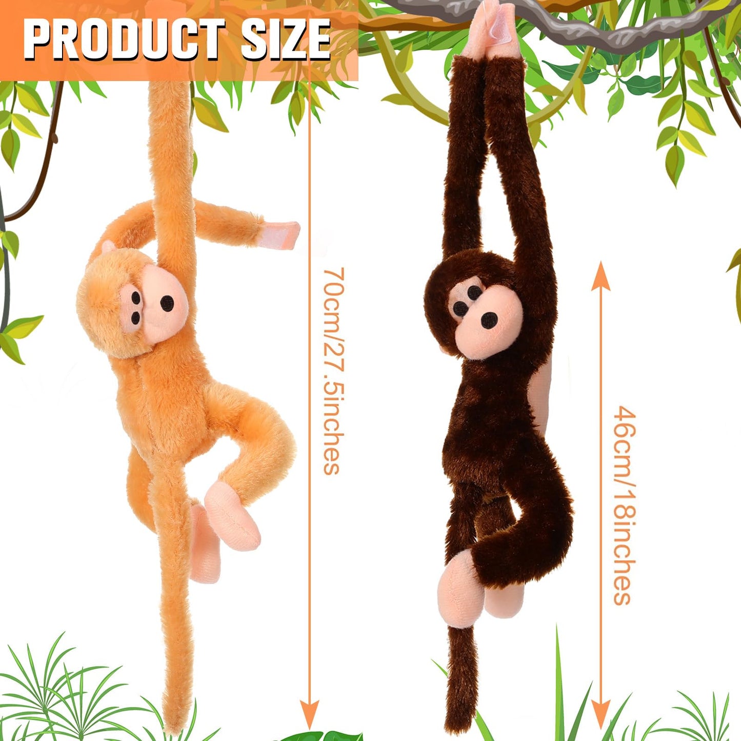 Chivao 2 Pcs Hanging Monkey Stuffed Animal, Hanging Monkey Plush with Hook and Loop Fasteners Hands Stuffed Toy for Birthday Party Favors Decorations, Brown and Khaki(28 Inch)
