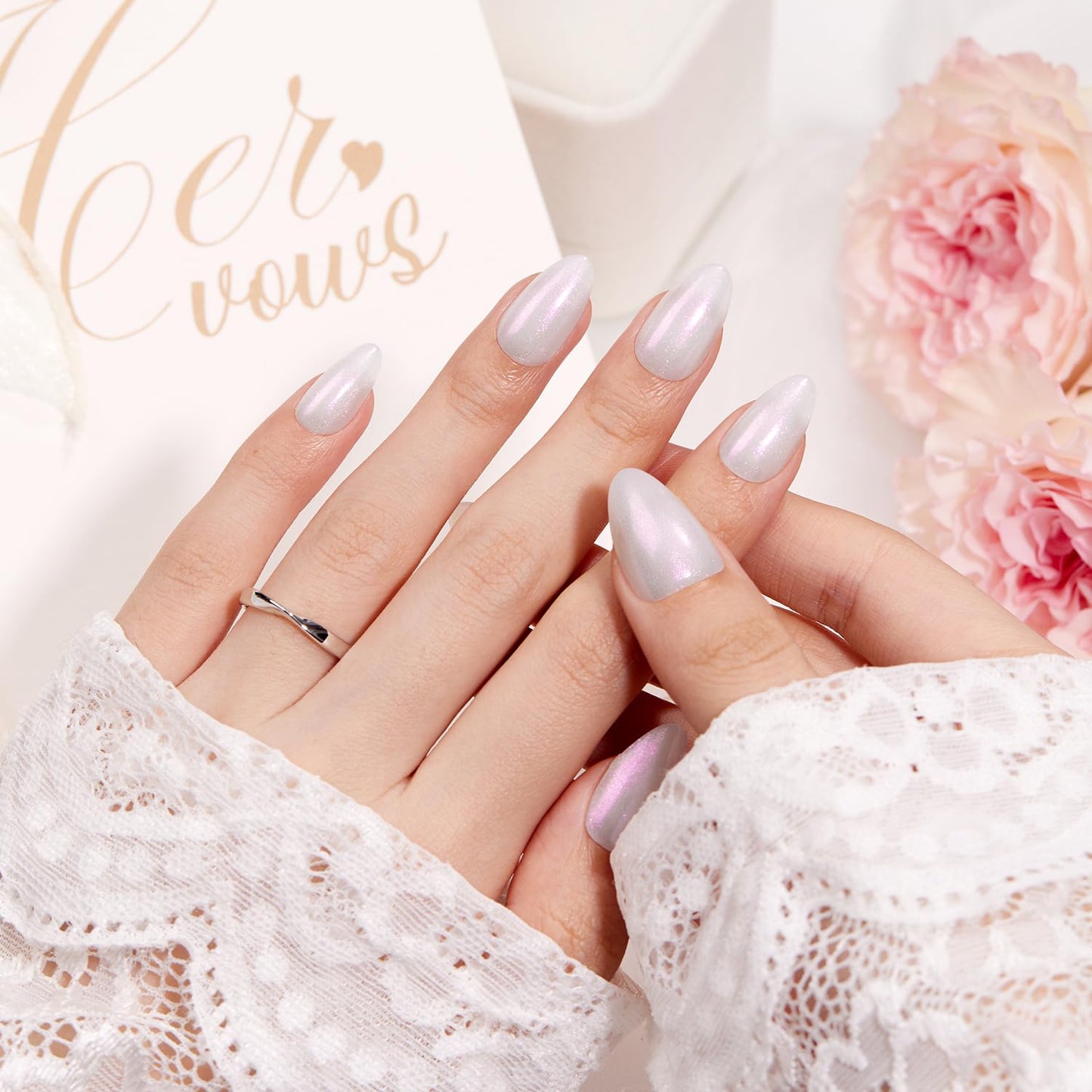 VSALON Press On Nails Short Almond, Shimmer White Opaque Fake Nails & Lamp