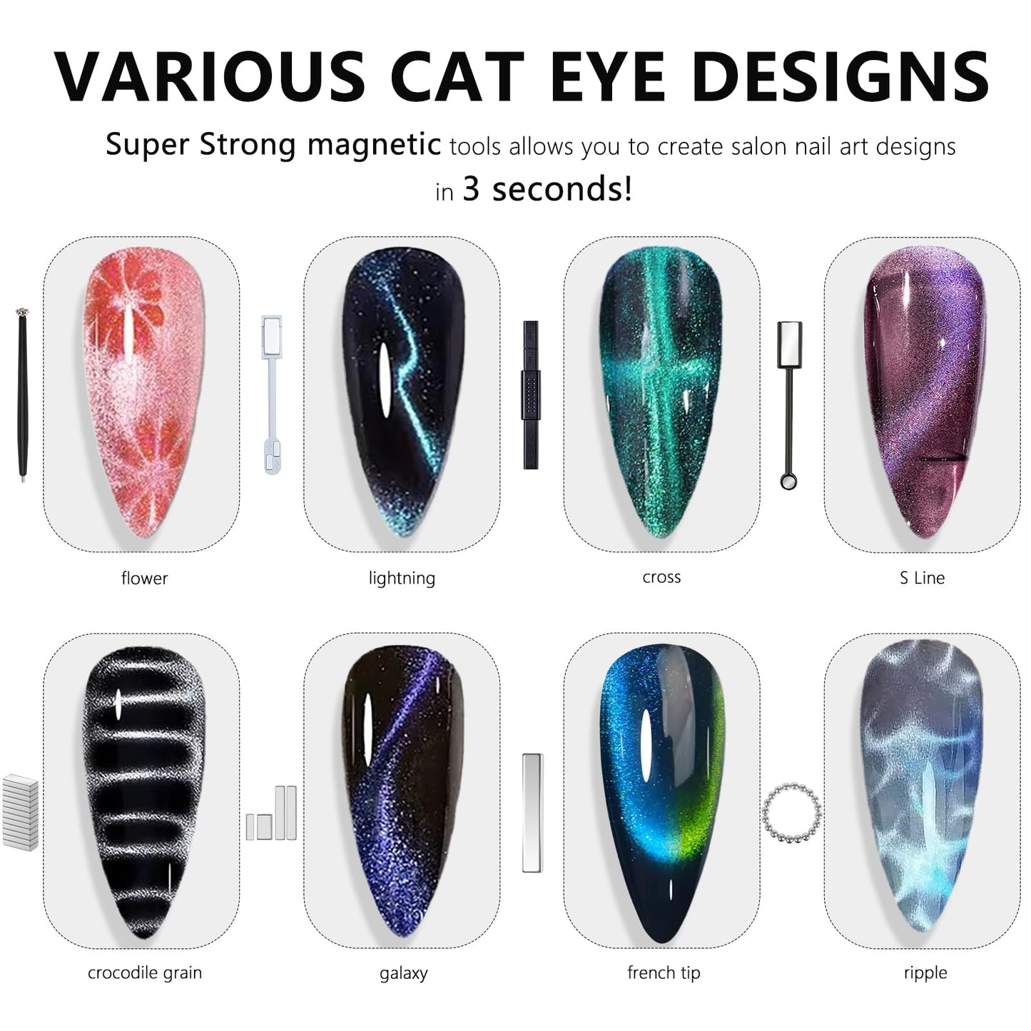 MOLILON 46Pcs Cat Eye Nail Magnet Tool Set, Cat Eye Heart Magnets for Nails, Double-Head Nails Magnet Stick, Round Magnetic Beads, Heart Cat Eye Gel Polish Magnets Tools for Women DIY Manicure