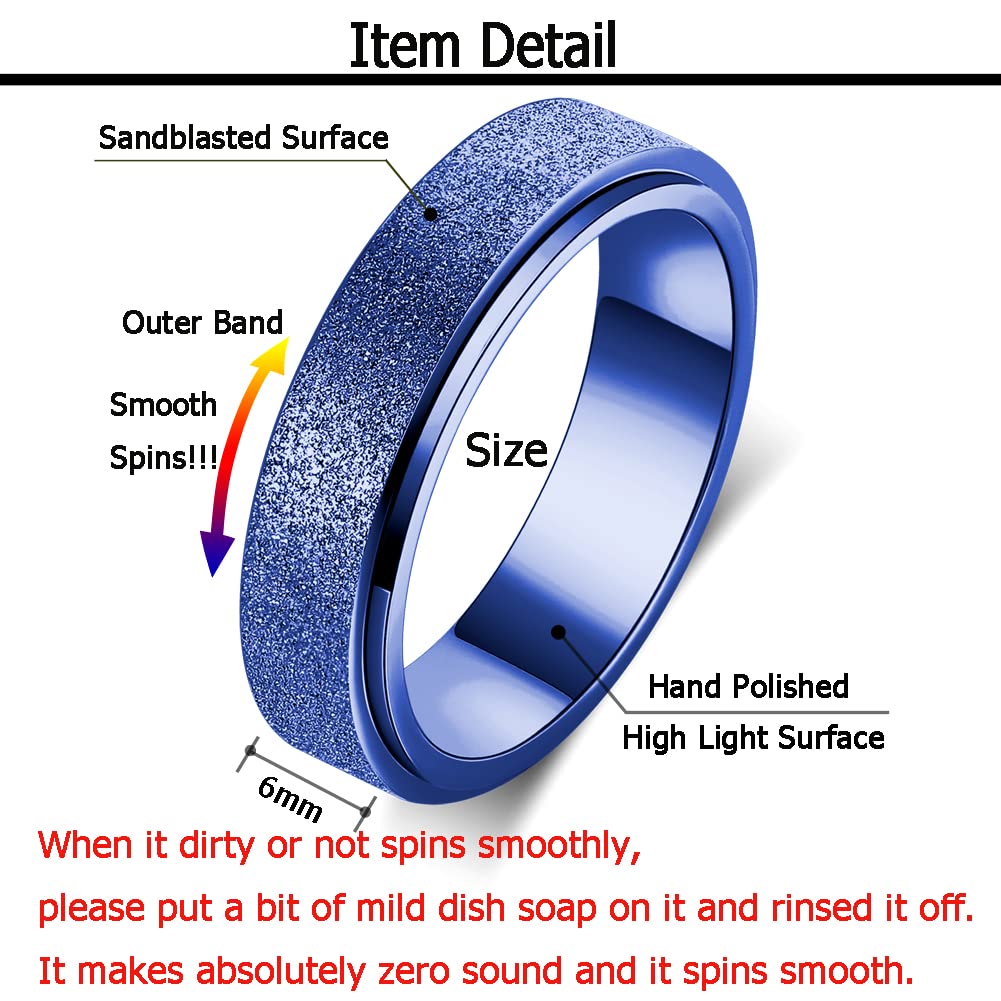 OreilleStar Titanium Stainless Steel Anxiety Fidget Spinner Ring for Women Men Fidget Toys Adults Size 9 Spinning Ring for Width 6MM Blue