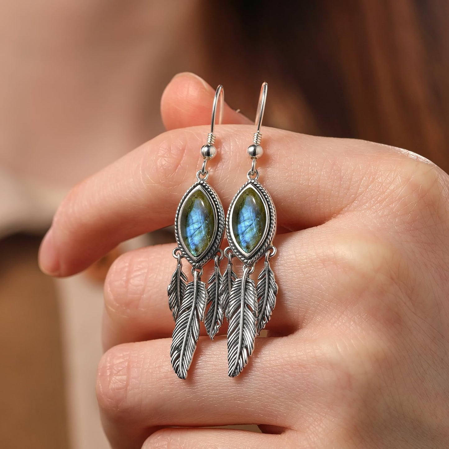 AVECON Labradorite Feather Dangle Earrings for Women 925 Sterling Silver Drop Earring Boho Leaf Statement Earrings Unique Hook Earrings Valentine's Day Vintage Feather Earrings Women's Jewelry