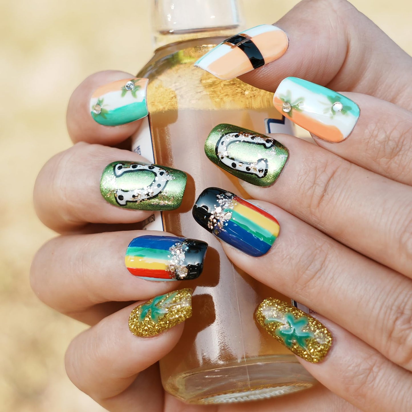 Tesytto Medium Square Press on Nails - Irish Flag Green White Orange Nails with Lucky Shamrock & Belt Design, Rainbow & 3D Gold Glitter Spring Summer Fake Nails (Size L)