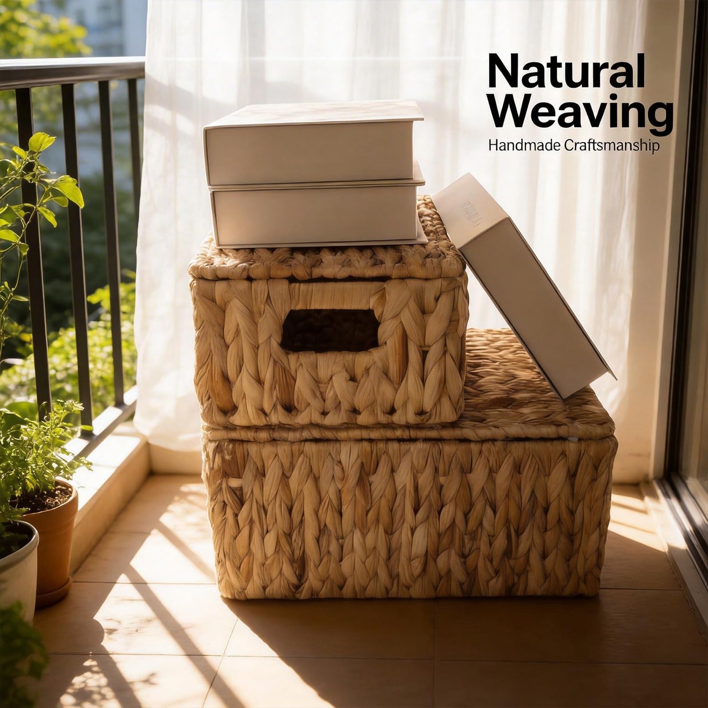 Wicker Storage Baskets With Lid,Set of 3 Rectangular Rattan Basket Decorative Boxes with Handles,Large Storage Box Hyacinth Wicker Baskets For Shelf Organizer, Nursery Room,Bathroom,Living Room