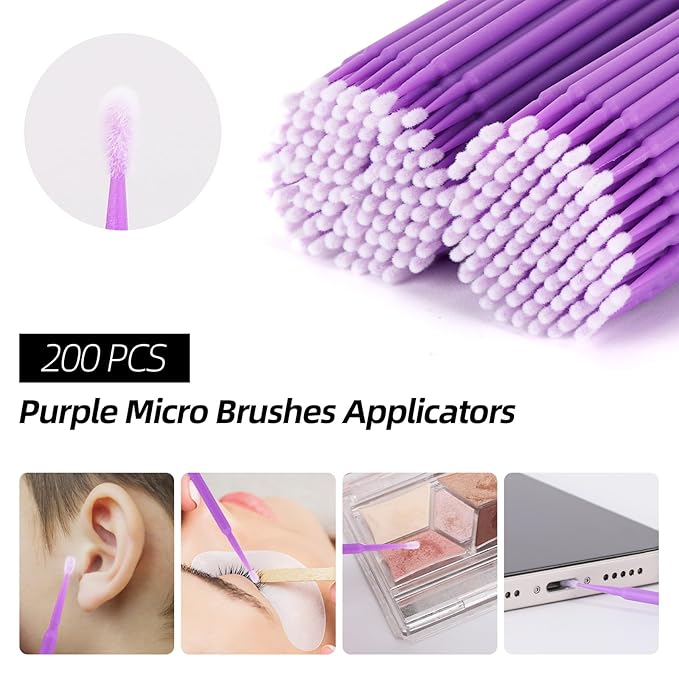 600 PCS Eyelash Extension Supplies Kit, 200 Spoolies Mascara Wands Disposable 200 Lip Brushes 200 Micro Swabs Purple Eyelash Brushes Makeup Applicator Tool