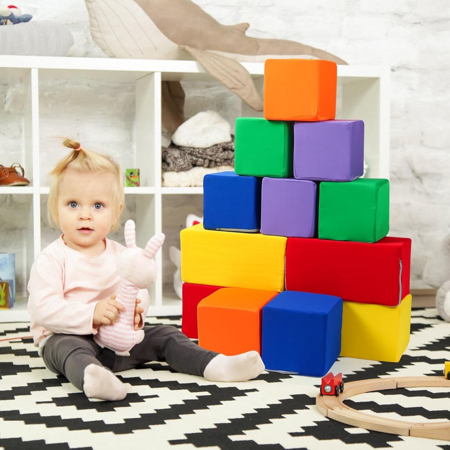 UHAPPYEE Toddler Foam Buliding Blocks - 12 Piece in 2 Shapes Fabric Covered Stacking Block Sets -Soft Play Set for Kids Idea for Building and Throwing Fun-Red