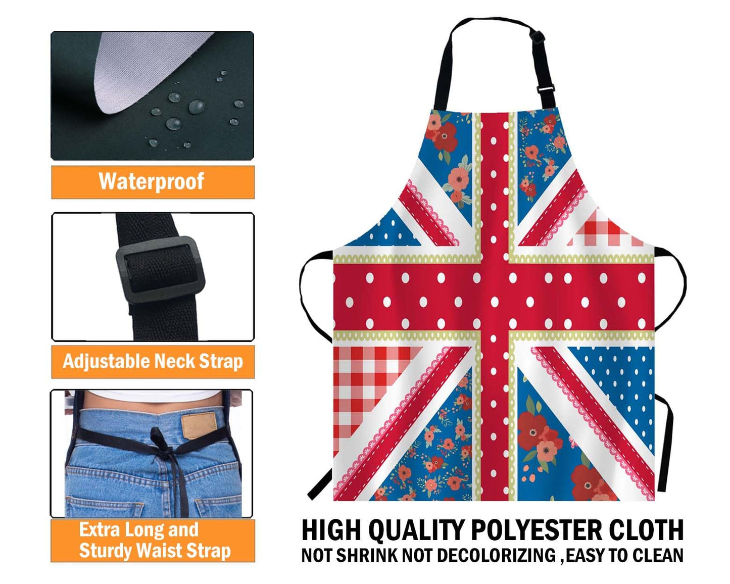 WONDERTIFY British Flag Apron,England Flag in Chic Floral Style Bib Apron with Adjustable Neck for Men Women,Suitable for Home Kitchen Cooking Waitress Chef Grill Bistro Baking BBQ Crafting Apron