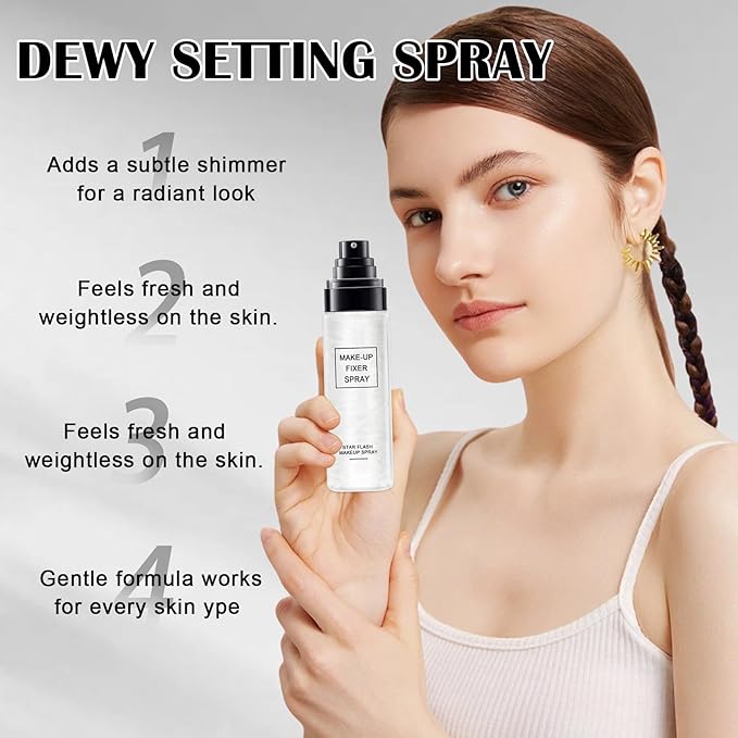 Glow Makeup Setting Spray, Shimmer Dewy Hydrating Setting Spray for Makeup Glowing Long-Lasting Radiant Finish, Lightweight Formula, All-Day Wear, 3.38 Fl Oz