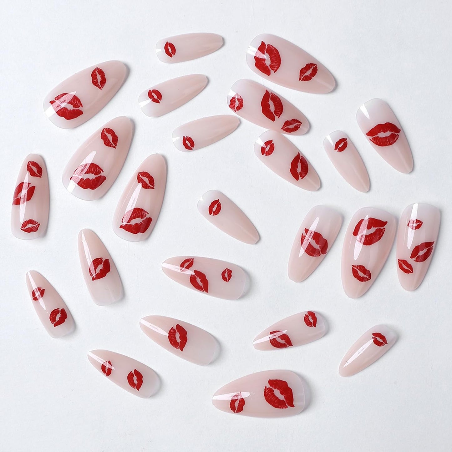 SINHOT Press on Nails - Medium Almond Fake Nails, Glossy Finish, Red Lips & Pink Gradient, DIY Artificial False Nail Art - 24 Pcs Nail Kit with Glue