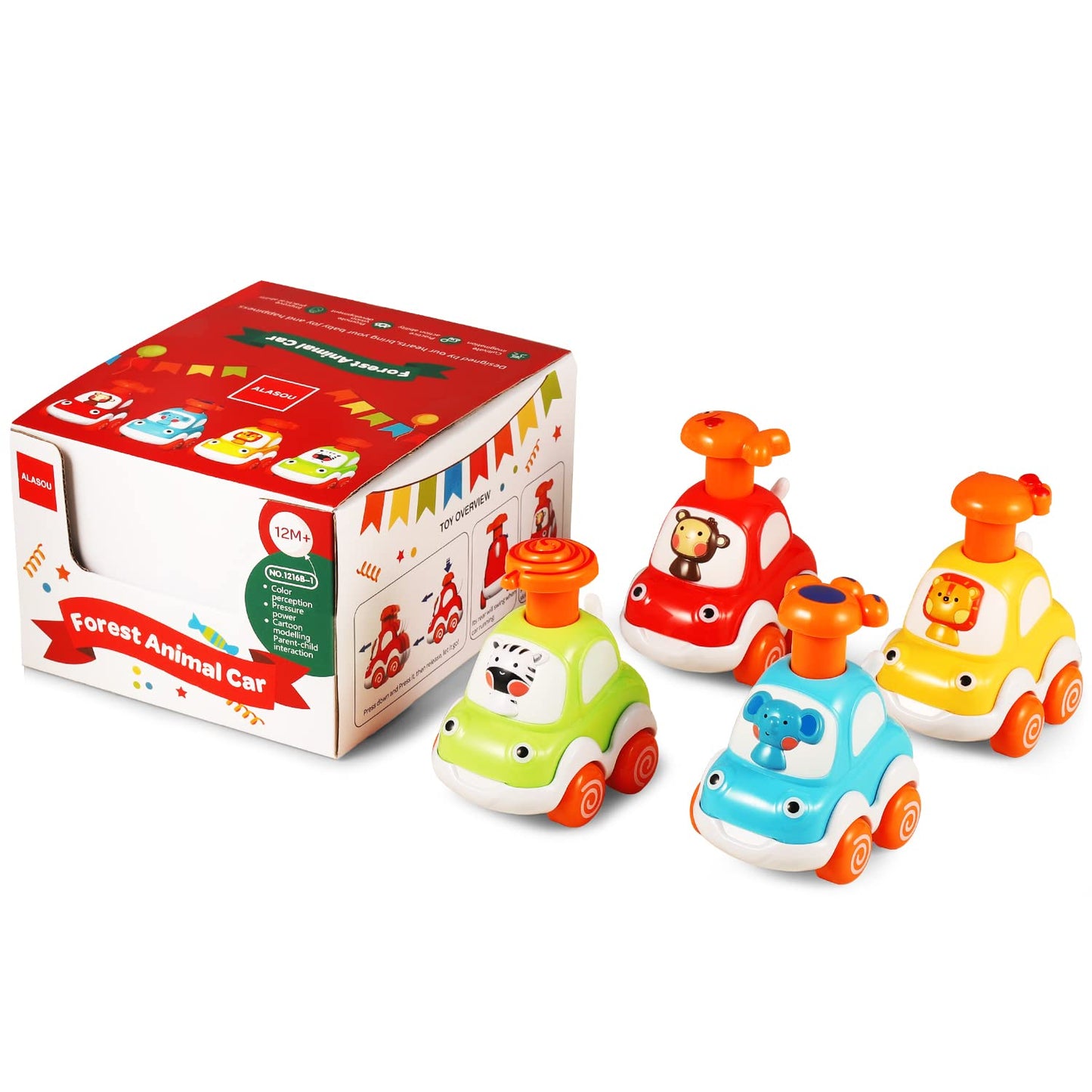 ALASOU 4 PCS Animal car Toys and 3 PCS Suction Cup Rotating Toys for Infant and Toddlers