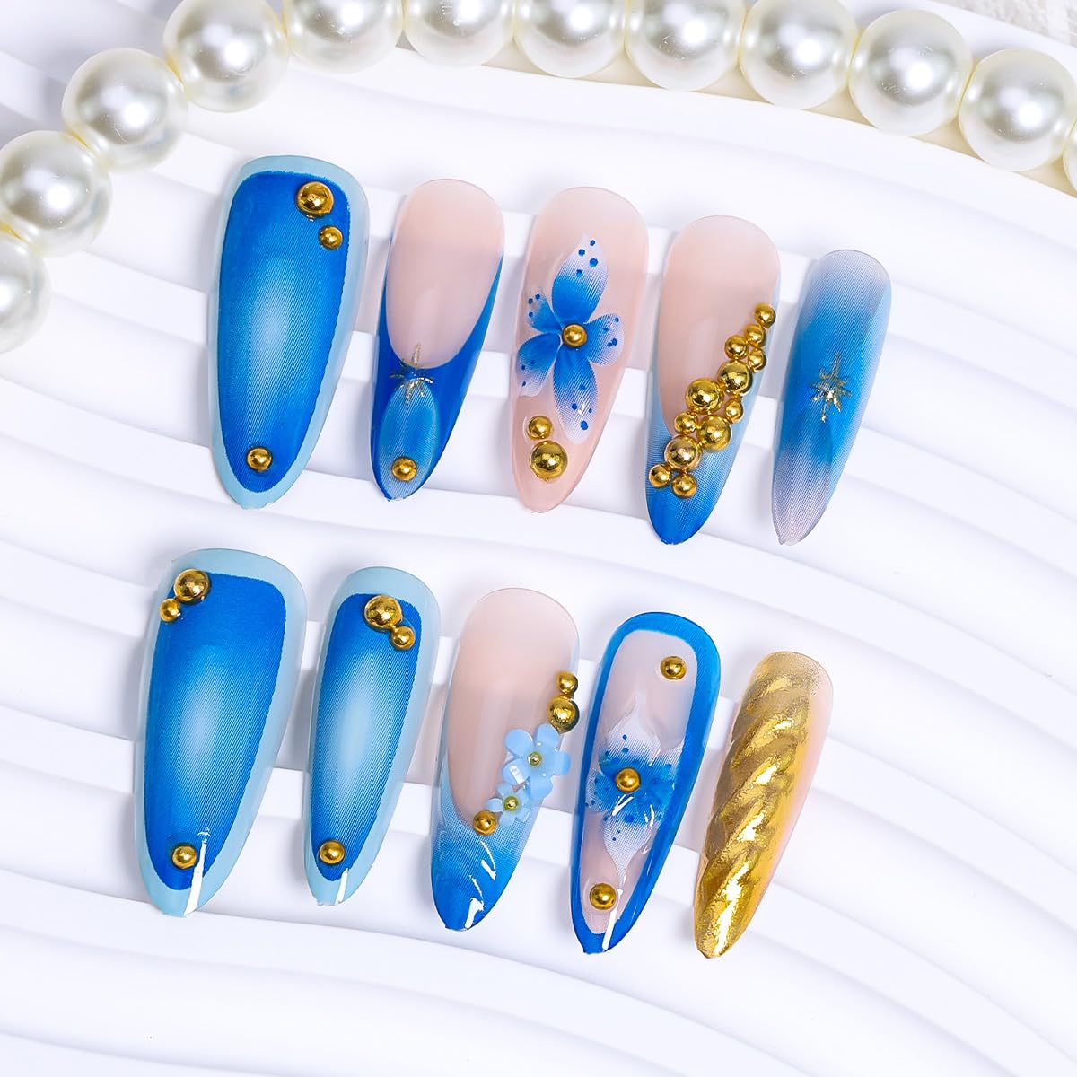 Blue Flower Press on Nails Medium Almond Handmade Fake Nails with Gold Pearl Star Design Gilding Full Cover Artificial Glue on Nails Spring Summer Stick on Nails Reusable False Nails for Women 10Pcs