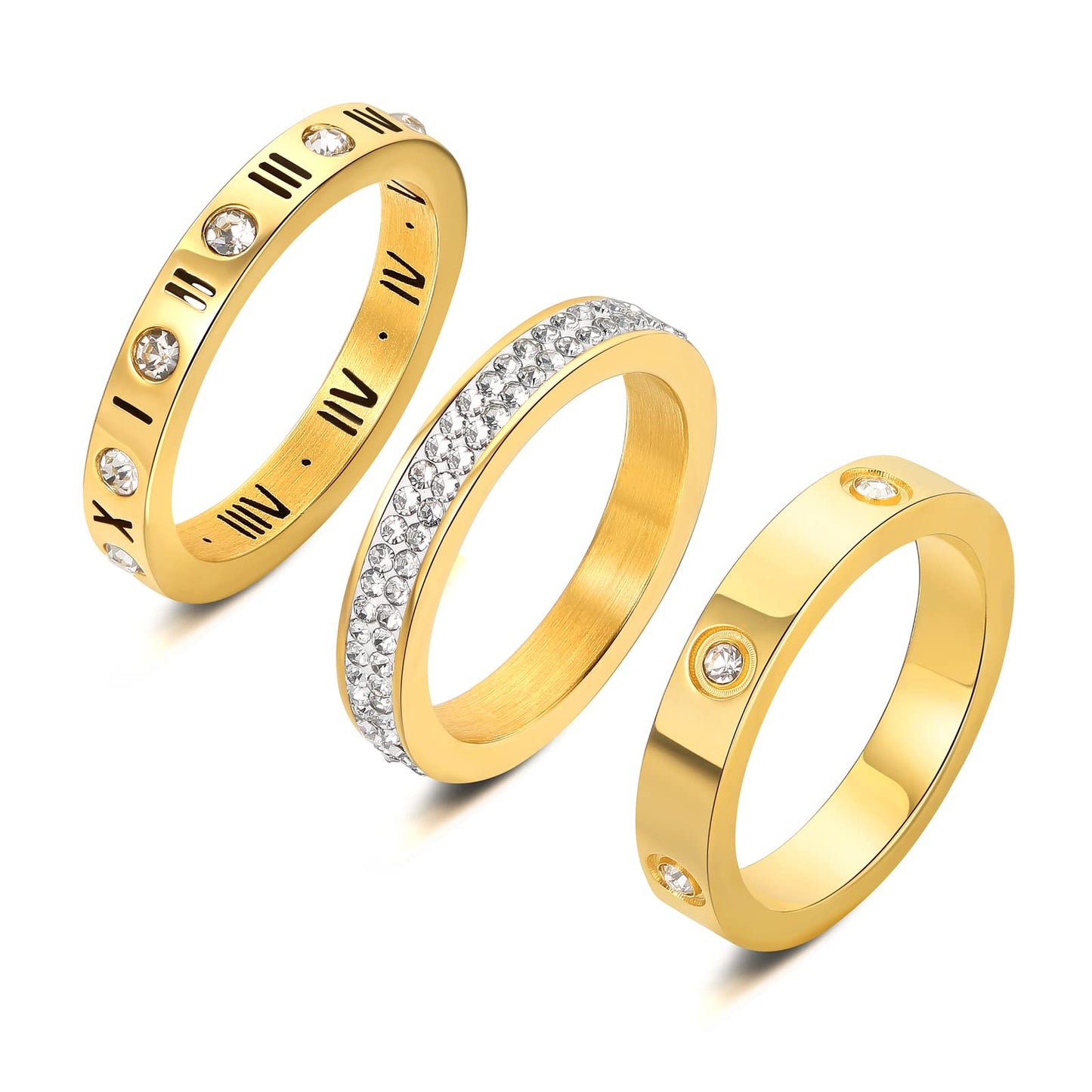 YIKOXI 3pcs Love Friendship Lucky Ring Cubic Zirconia Gold Ring Sets for Women Stainless Steel Wedding Statement Thumb Ring Bands (Gold, 9)