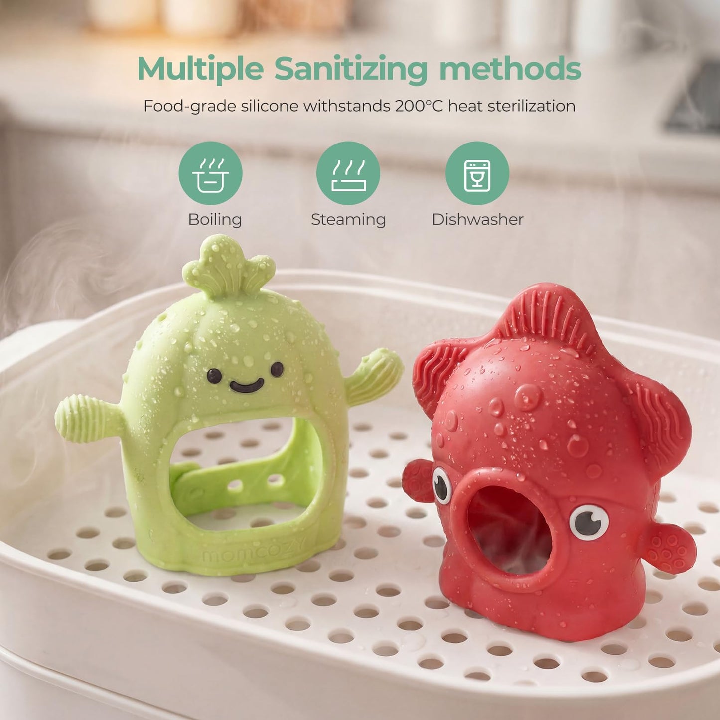 Momcozy 2 Pack Baby Teething Toys, Food Grade Silicone Baby Teethers for 0–12 Months, Baby Teether Mitten Wrist Teether Set, Easy Grip Teething Relief with Multiple Chew Points, Red&Grass Green