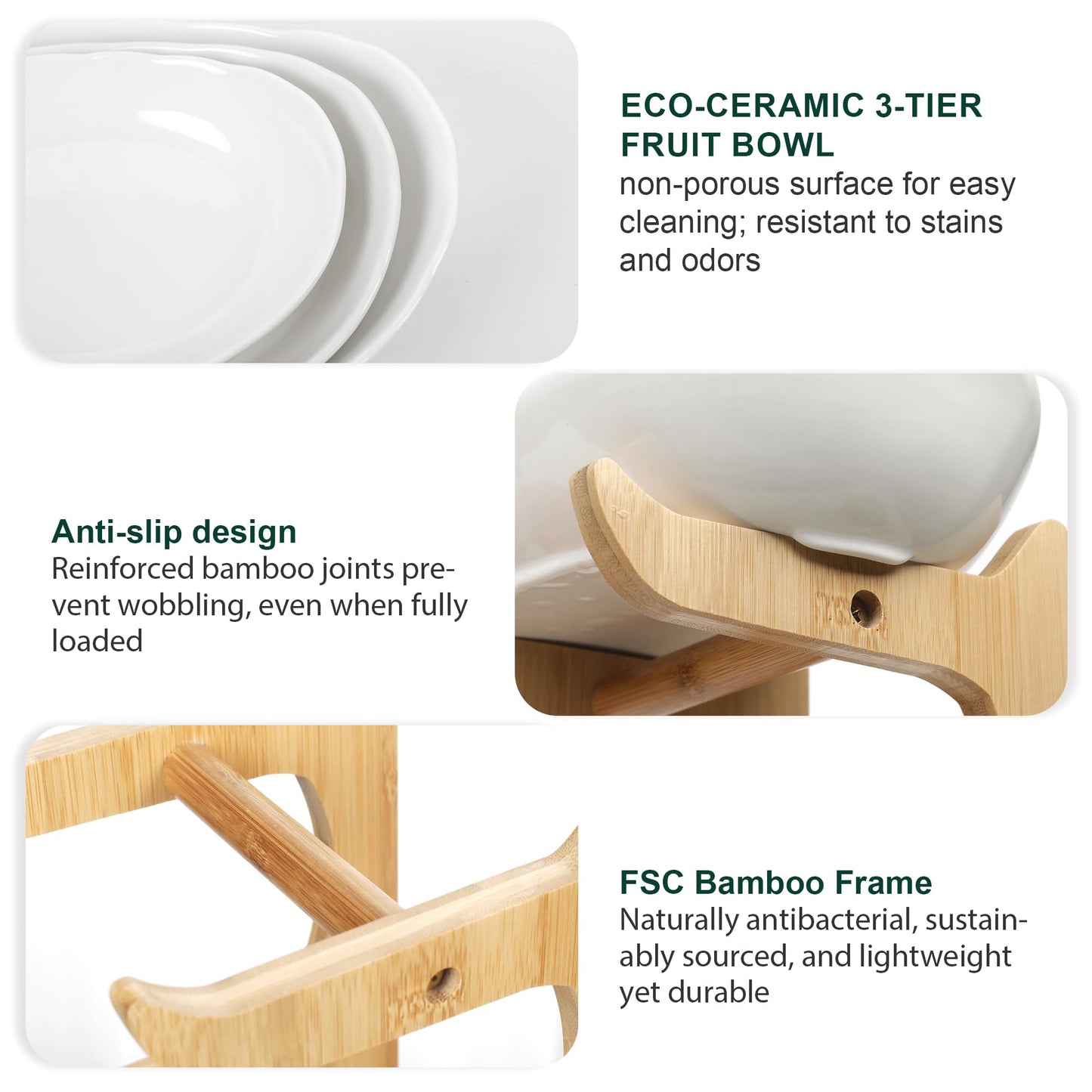 SEVEN SPARTA Fruit Bowl for Kitchen Counter - 3 Tier Ceramic Serving Bowls with Bamboo Stand, Tiered Fruit Basket for Fruit Vegetable Storage, Cake, Dessert, Nuts, Snack, Salad (Dishwasher safe)
