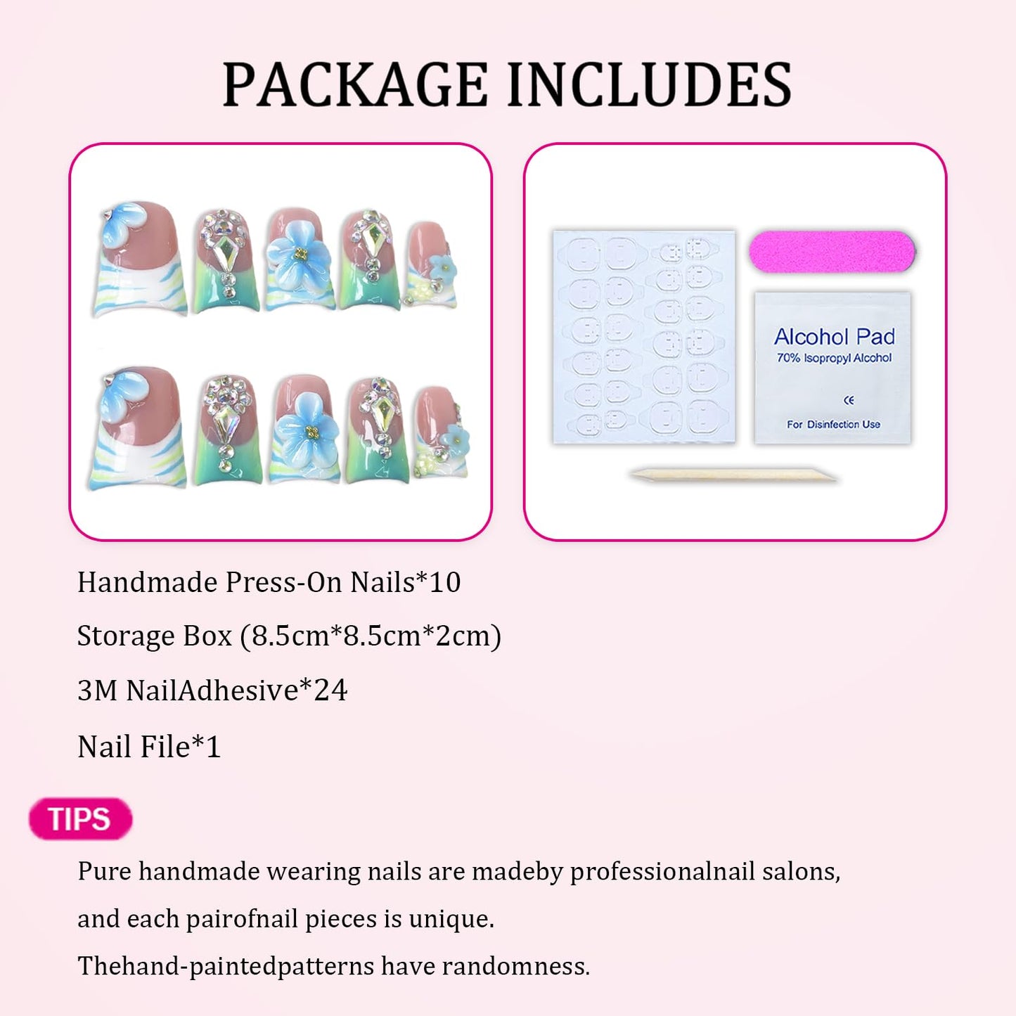 Handmade Press on Nails 3D Blue White Gradient Flower Fake Nails Short Duck False Nail Kit French Tip Luxury Handmade Rhinestone Design Muti-Layer Gel Stick on Nails Acrylic Nail for Women (M)