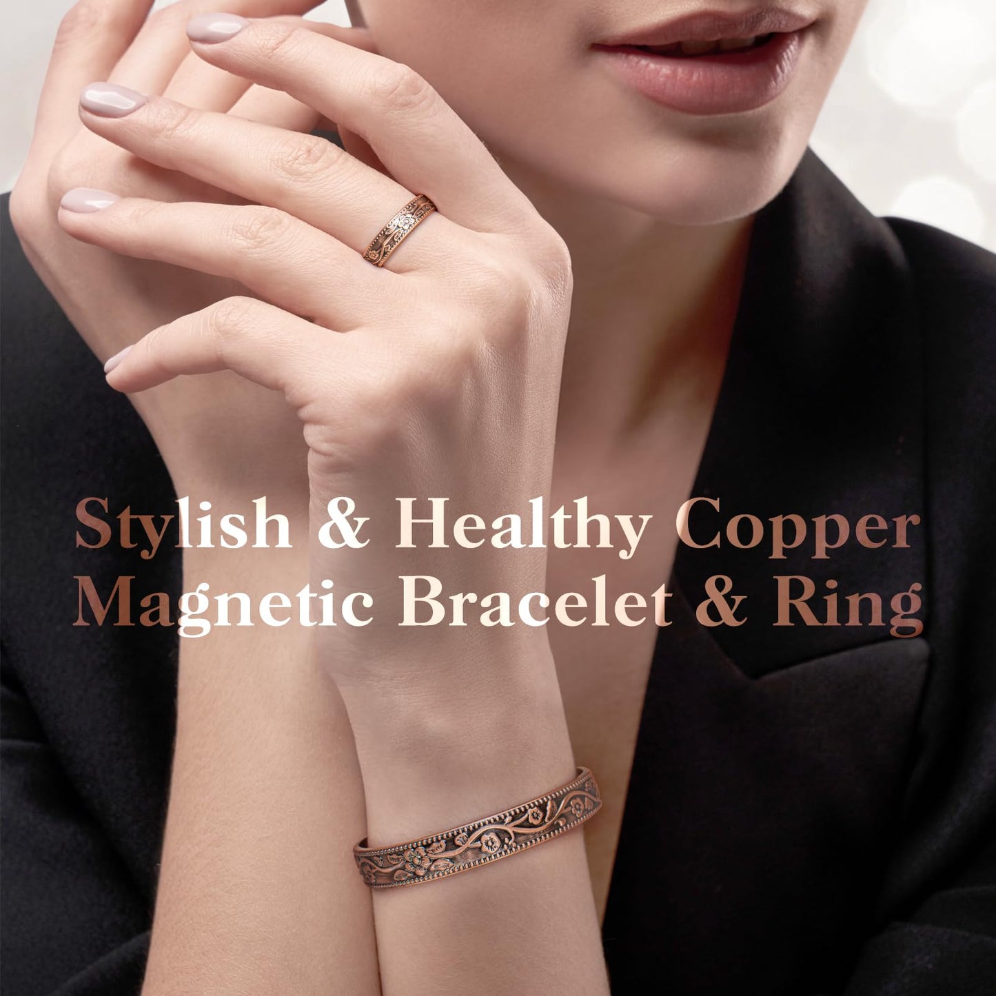 Copper Bracelet for Women & Lymphatic Drainage Ring, Adjustable 100% Solid Pure Copper Jewelry Gift with 6 Magnets, Vintage Unisex Wellness Design