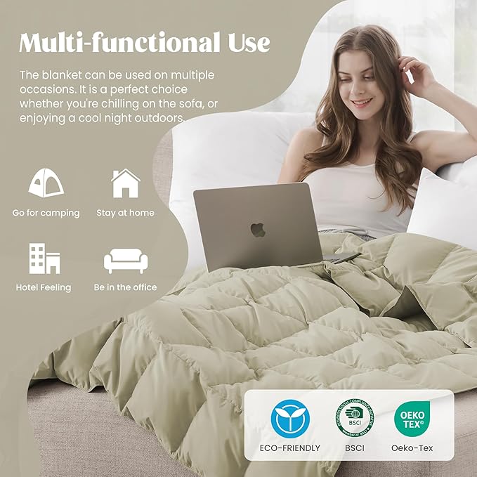 puredown® Queen Size Blanket for Bed, Ultra Soft Lightweight Down & Feather Fill, All Season Microfiber Blanket, Machine Washable, 88"X90", Beige