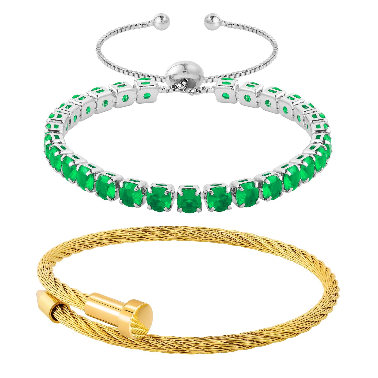 LCTrusttmor Gahna 2PCS Gold/Silver Plated Nail Bangle & Tennis Bracelet Set for Women, Stackable Green Cubic Zirconia Adjustable Bangle Jewelry, Dainty Mother’s Day Birthday Gift for Women