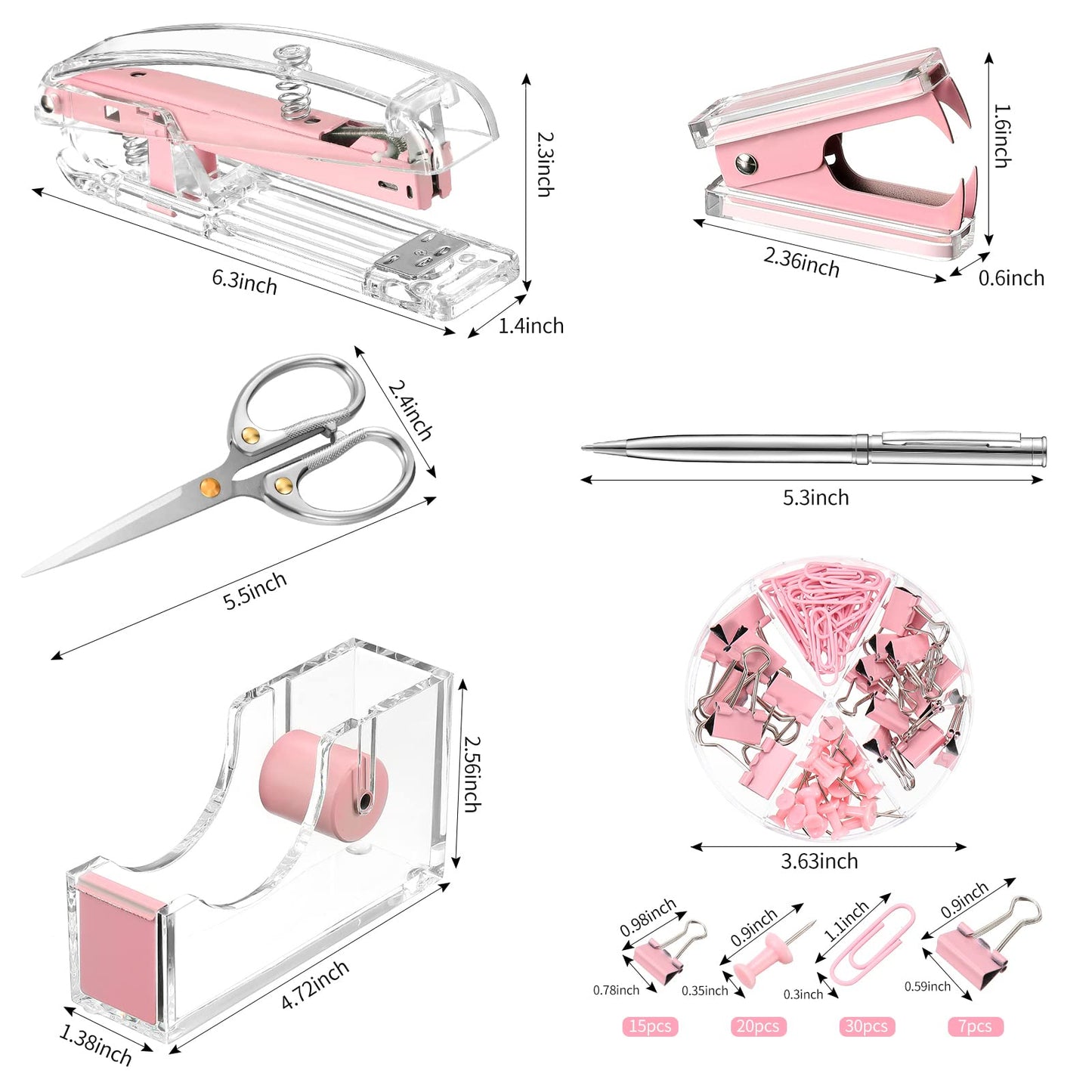 Office Supplies Set Desk Accessory Kit, Acrylic Stapler Set Staple Remover, Tape Dispenser, Binder Clips, Paper Clips, Ballpoint Pen and Scissor with 1000 Pieces 26/6 Staples (Pink)